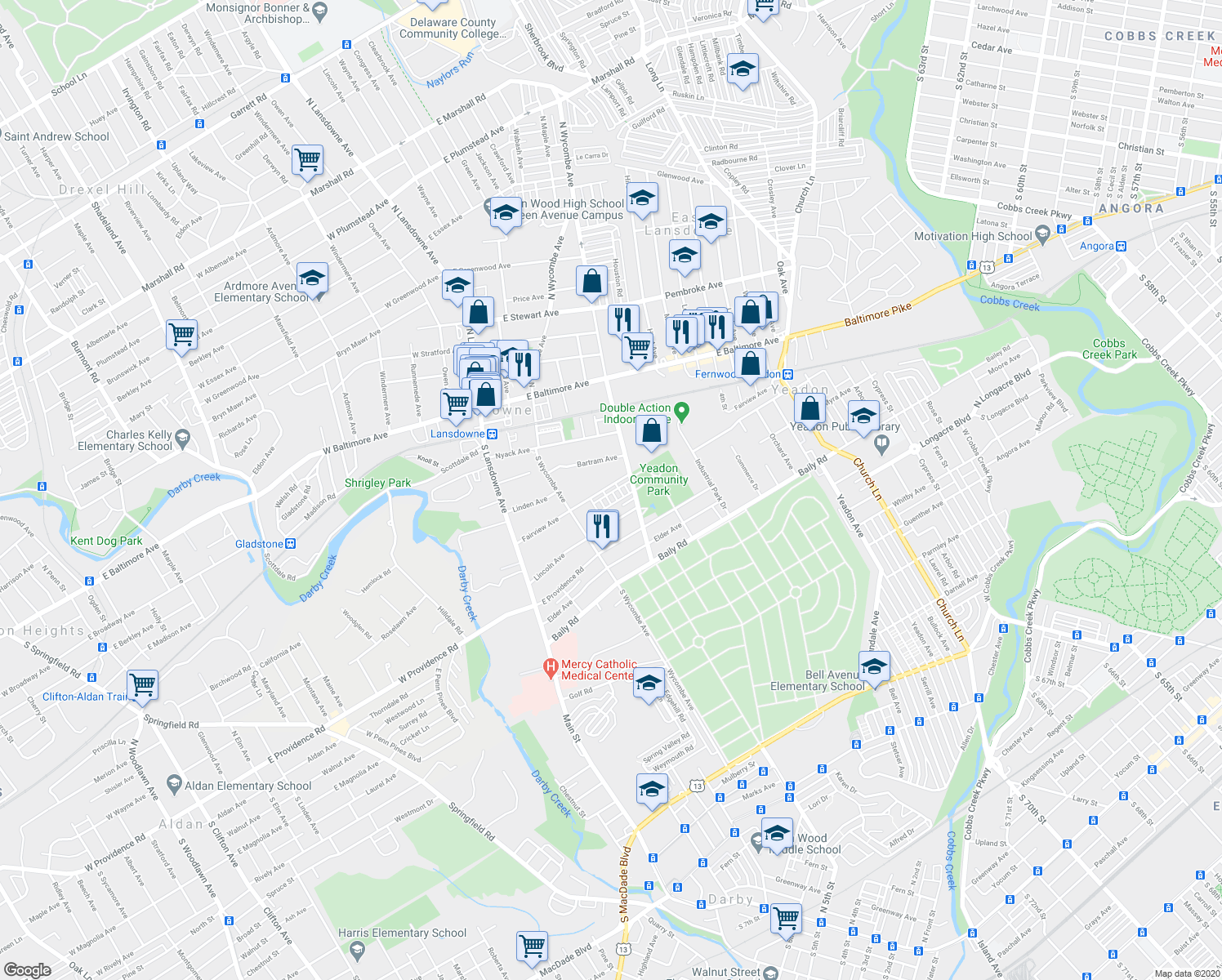 map of restaurants, bars, coffee shops, grocery stores, and more near 174 Fairview Avenue in Yeadon