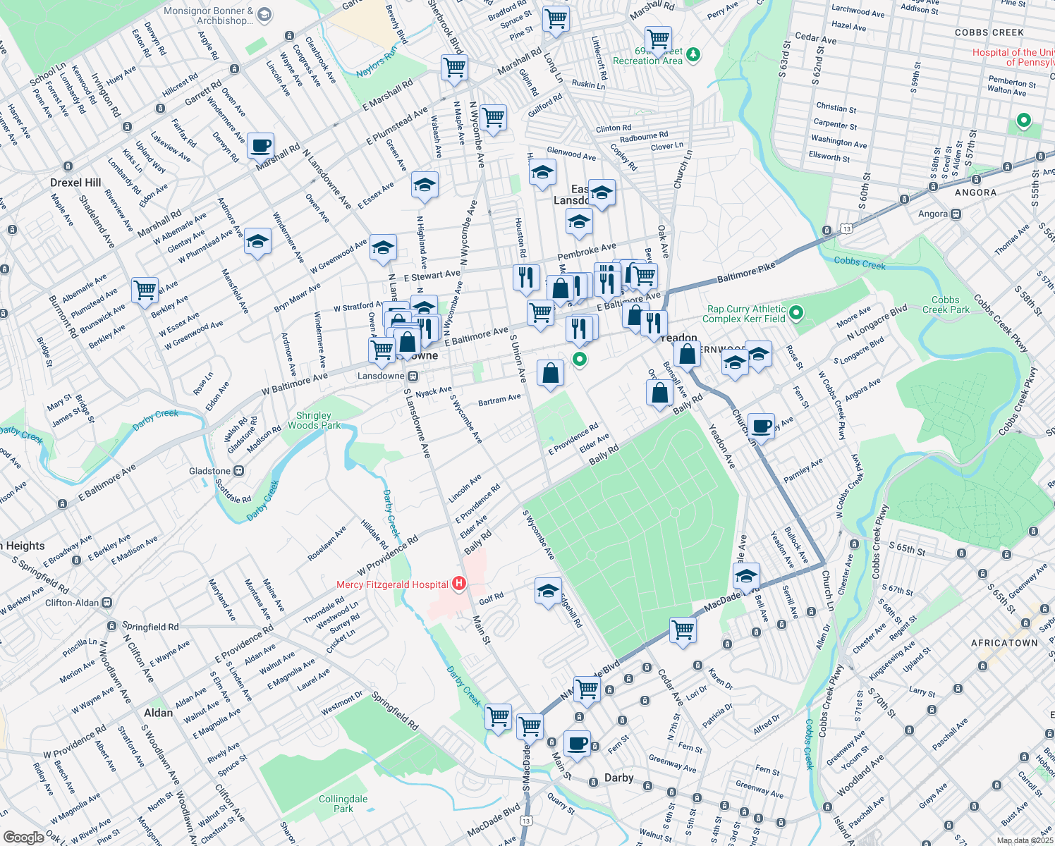 map of restaurants, bars, coffee shops, grocery stores, and more near 405 Hazel Avenue in Lansdowne