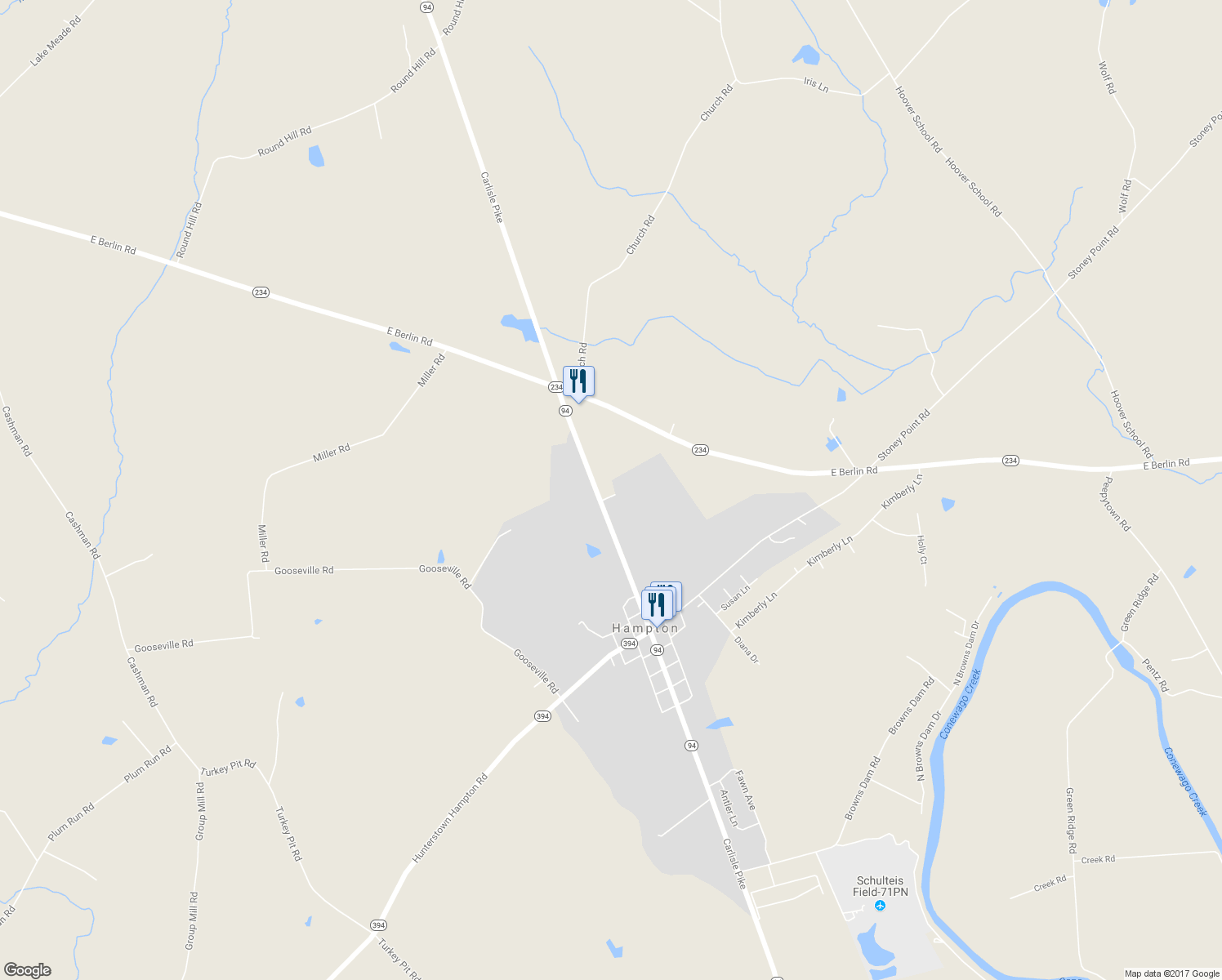 map of restaurants, bars, coffee shops, grocery stores, and more near 5611 Carlisle Pike in New Oxford