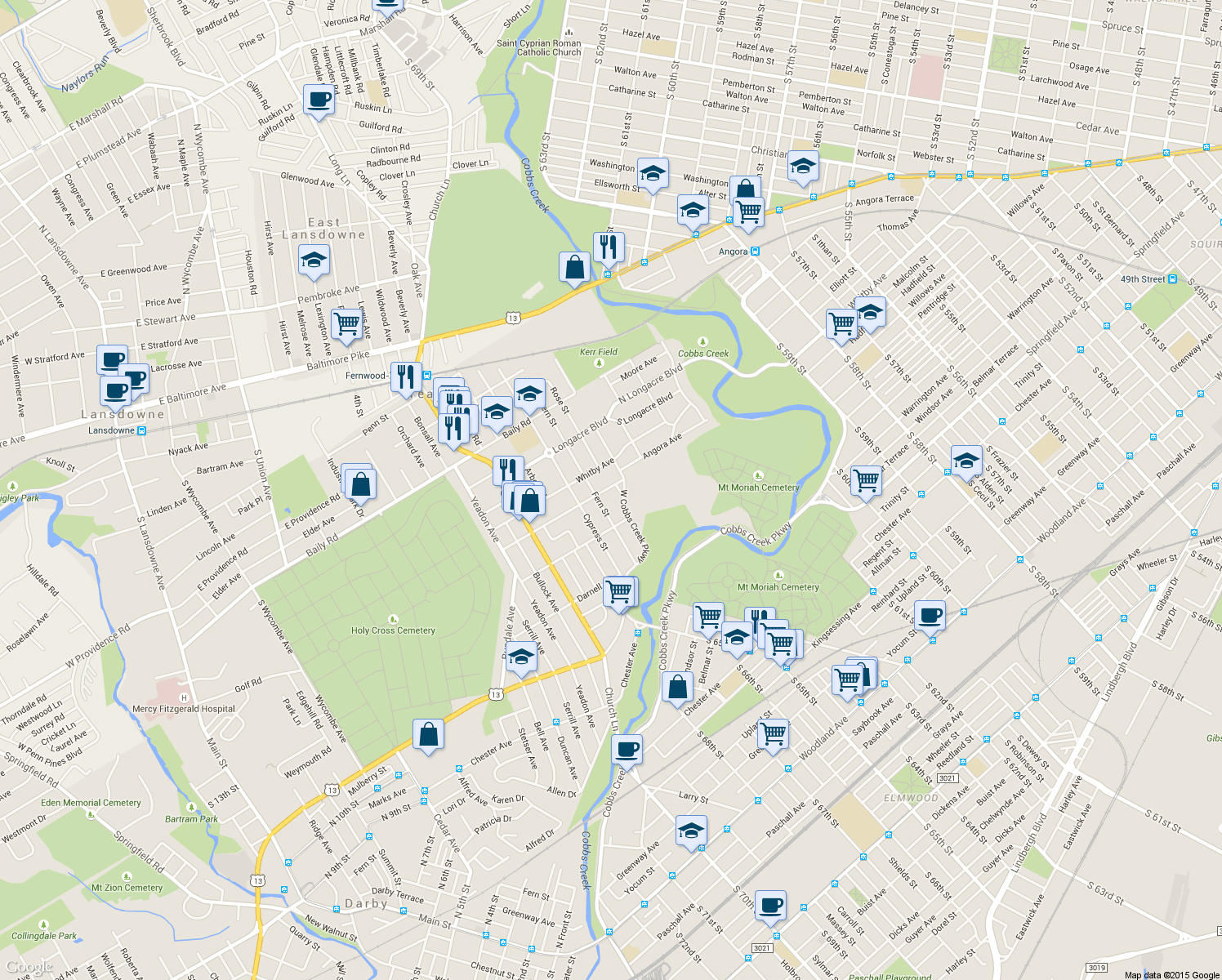 map of restaurants, bars, coffee shops, grocery stores, and more near 724 West Cobbs Creek Parkway in Yeadon