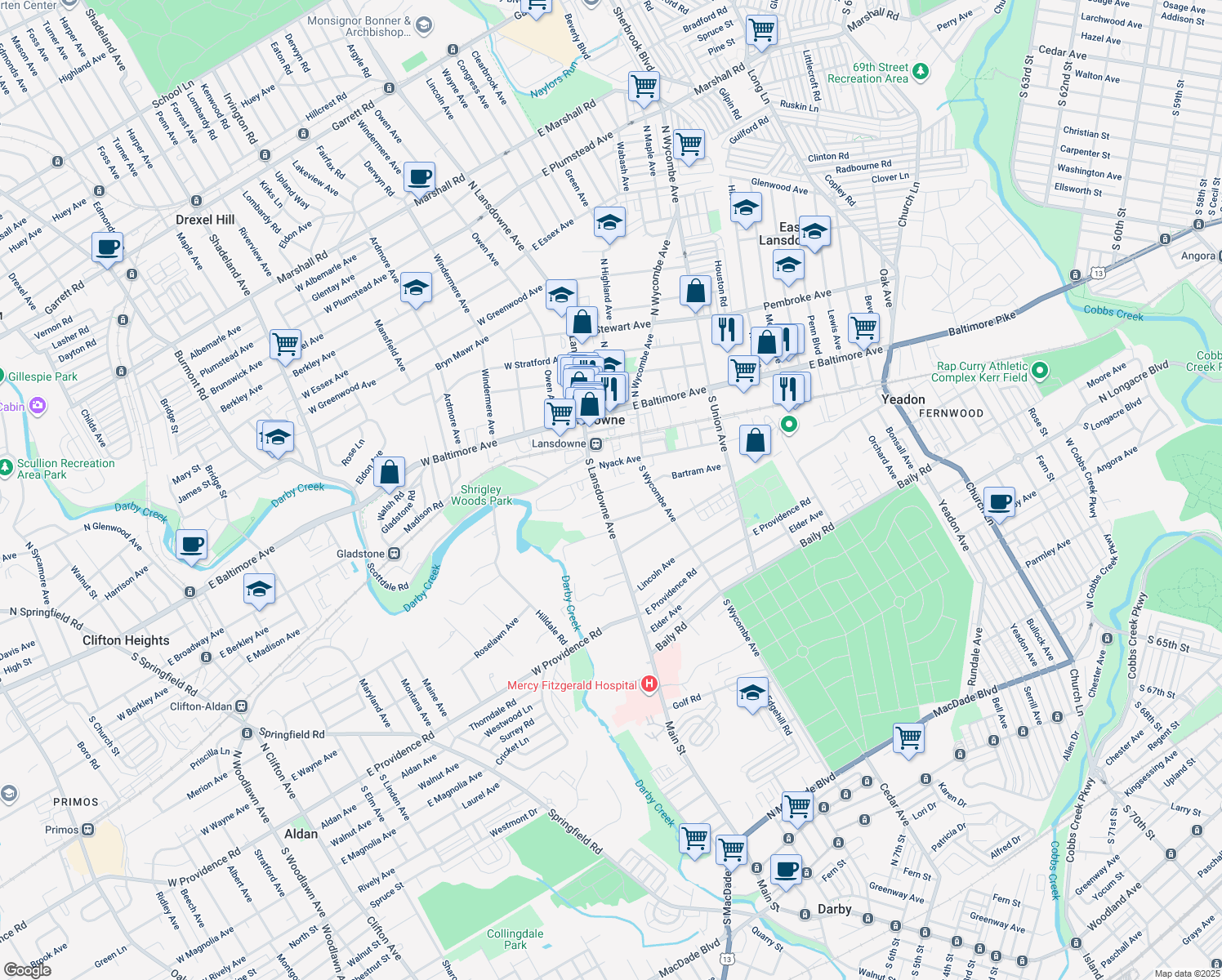 map of restaurants, bars, coffee shops, grocery stores, and more near 39 Dudley Avenue in Lansdowne