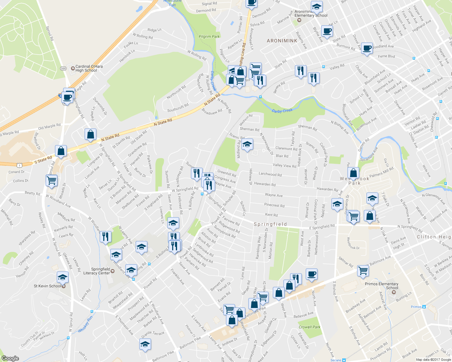 map of restaurants, bars, coffee shops, grocery stores, and more near 100 Congress Avenue in Springfield