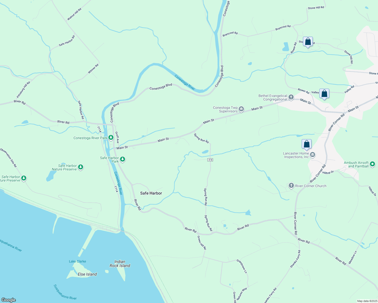 map of restaurants, bars, coffee shops, grocery stores, and more near 54 Spring Run Road in Conestoga