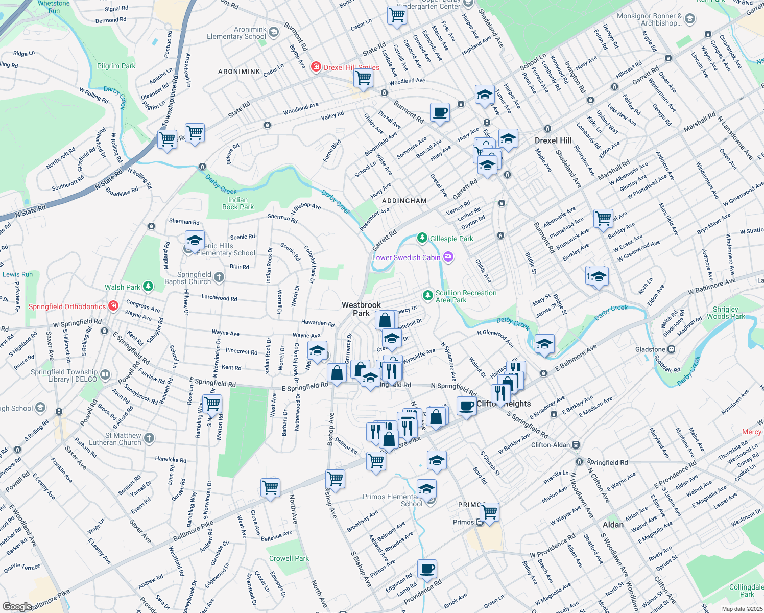 map of restaurants, bars, coffee shops, grocery stores, and more near 5211 Palmer Mill Road in Clifton Heights