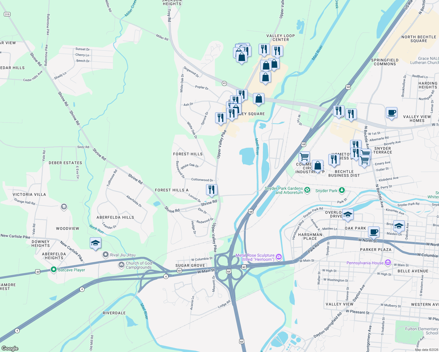 map of restaurants, bars, coffee shops, grocery stores, and more near 560 Upper Valley Pike in Springfield