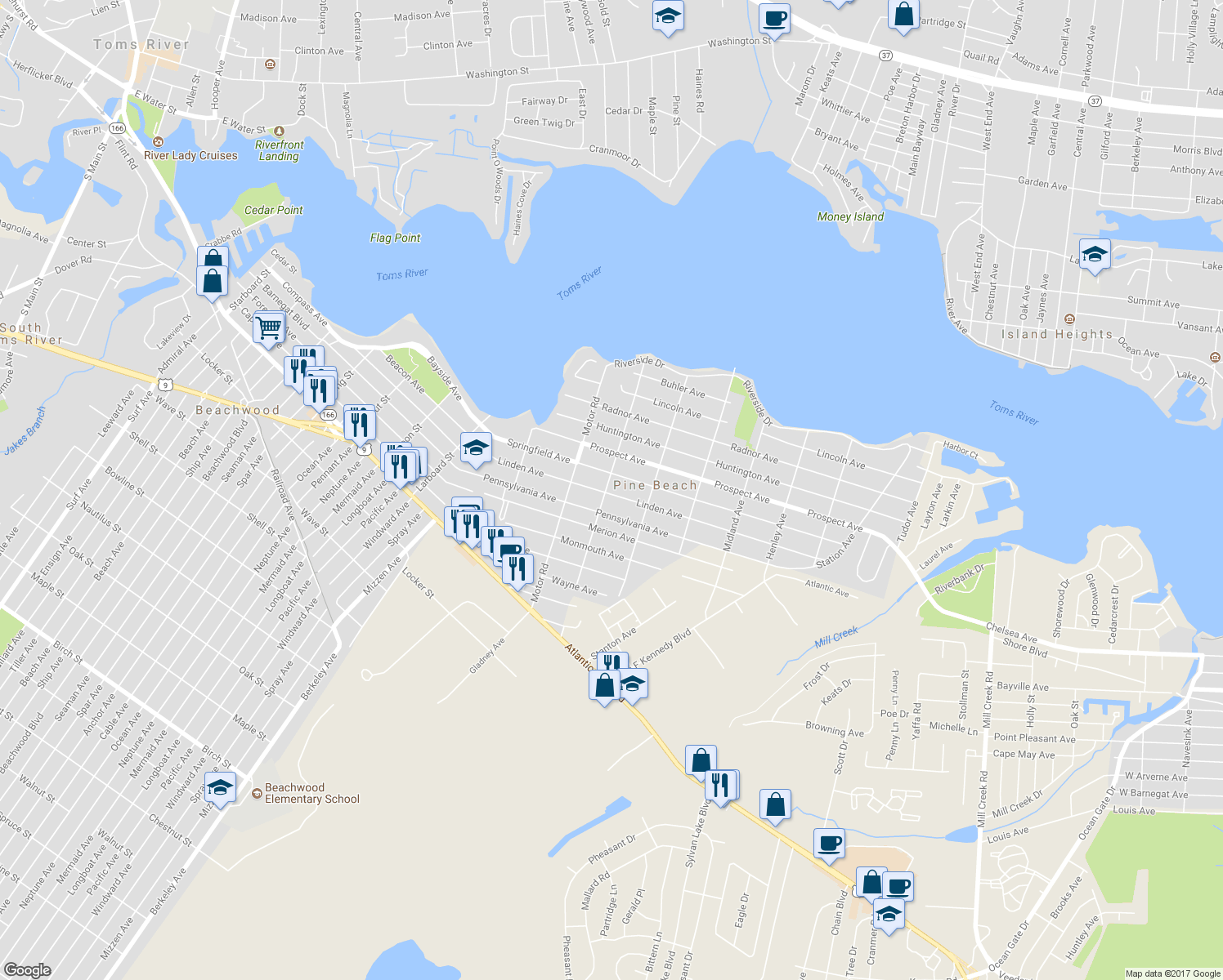 map of restaurants, bars, coffee shops, grocery stores, and more near 400 Linden Avenue in Pine Beach