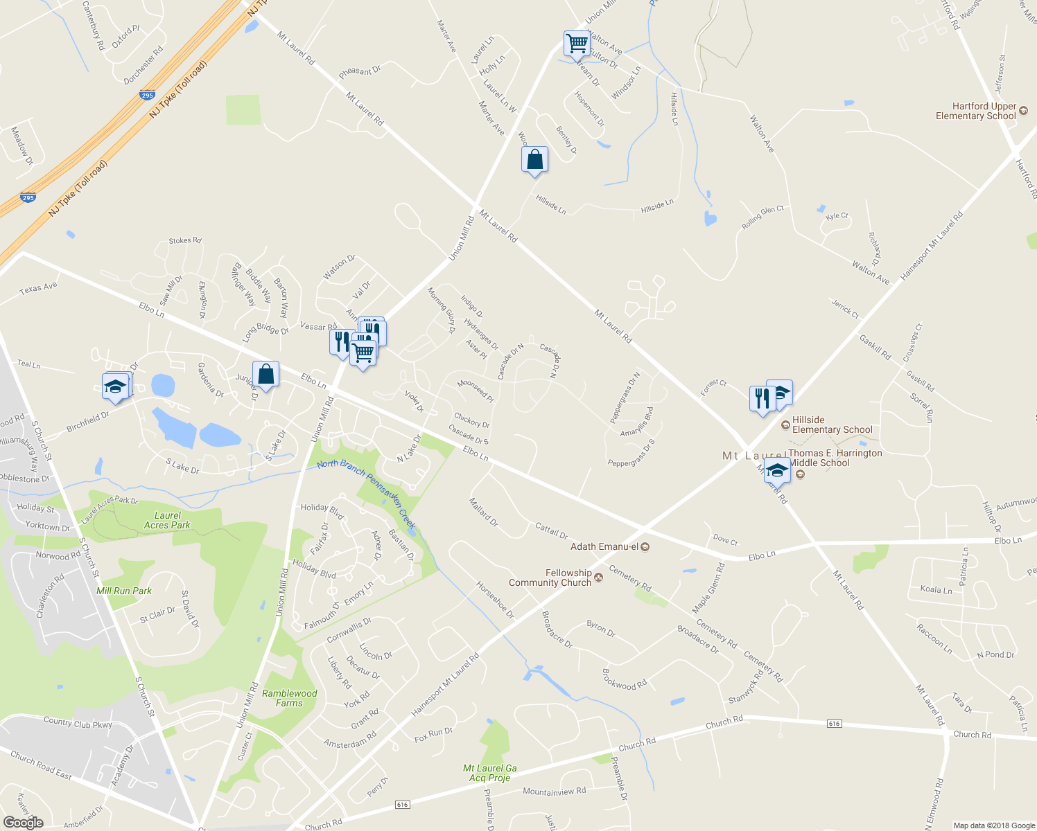 map of restaurants, bars, coffee shops, grocery stores, and more near 933 Larkspur Place South in Mount Laurel