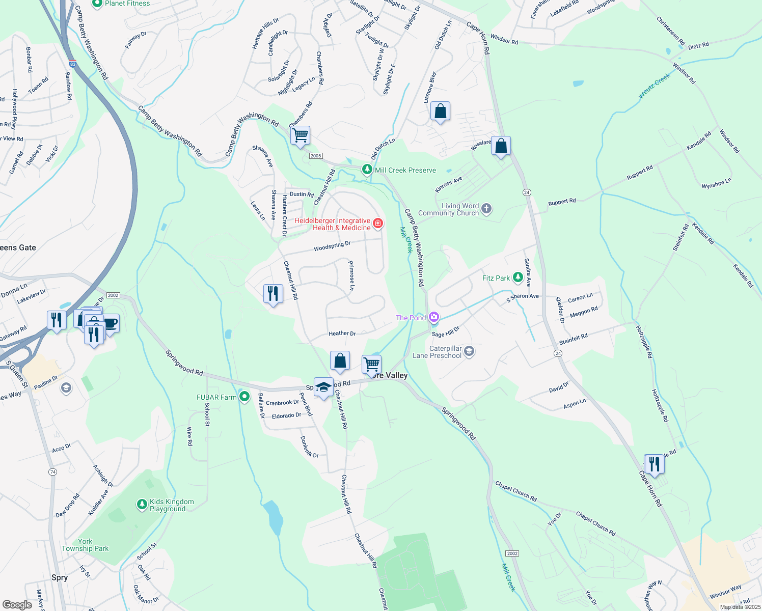 map of restaurants, bars, coffee shops, grocery stores, and more near 2752 Chestnut Run Road in York