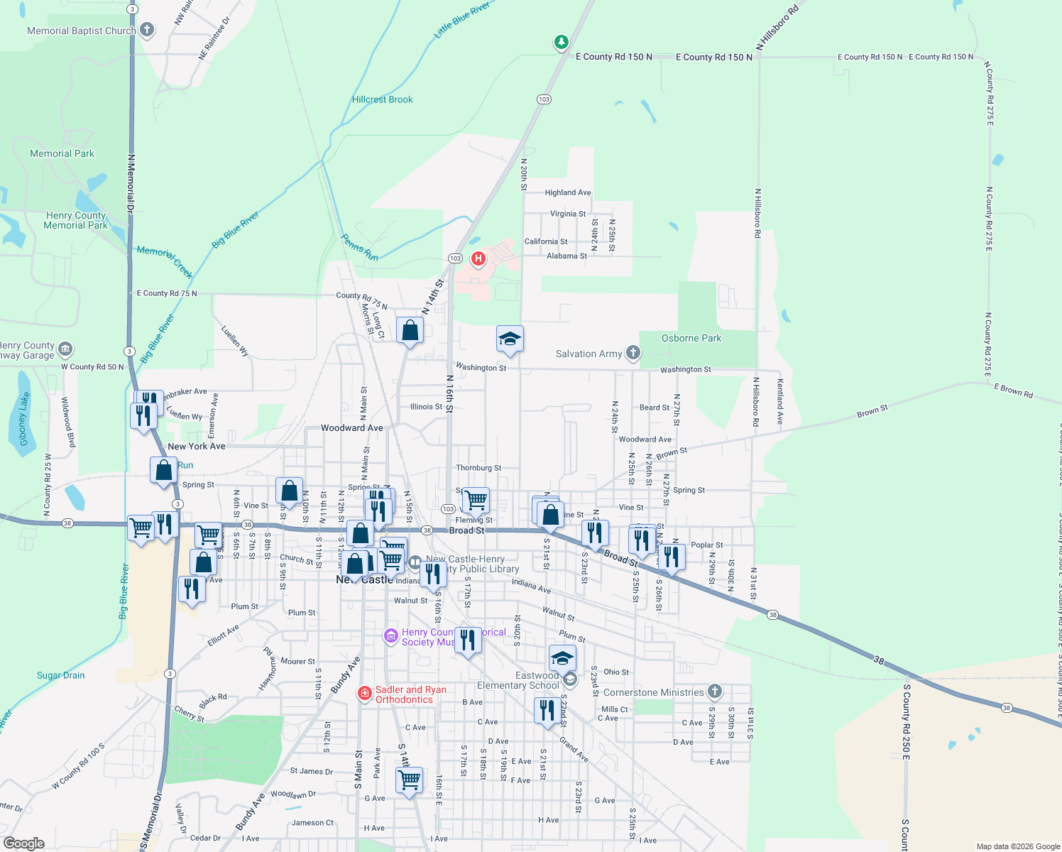 map of restaurants, bars, coffee shops, grocery stores, and more near 428 North 20th Street in New Castle
