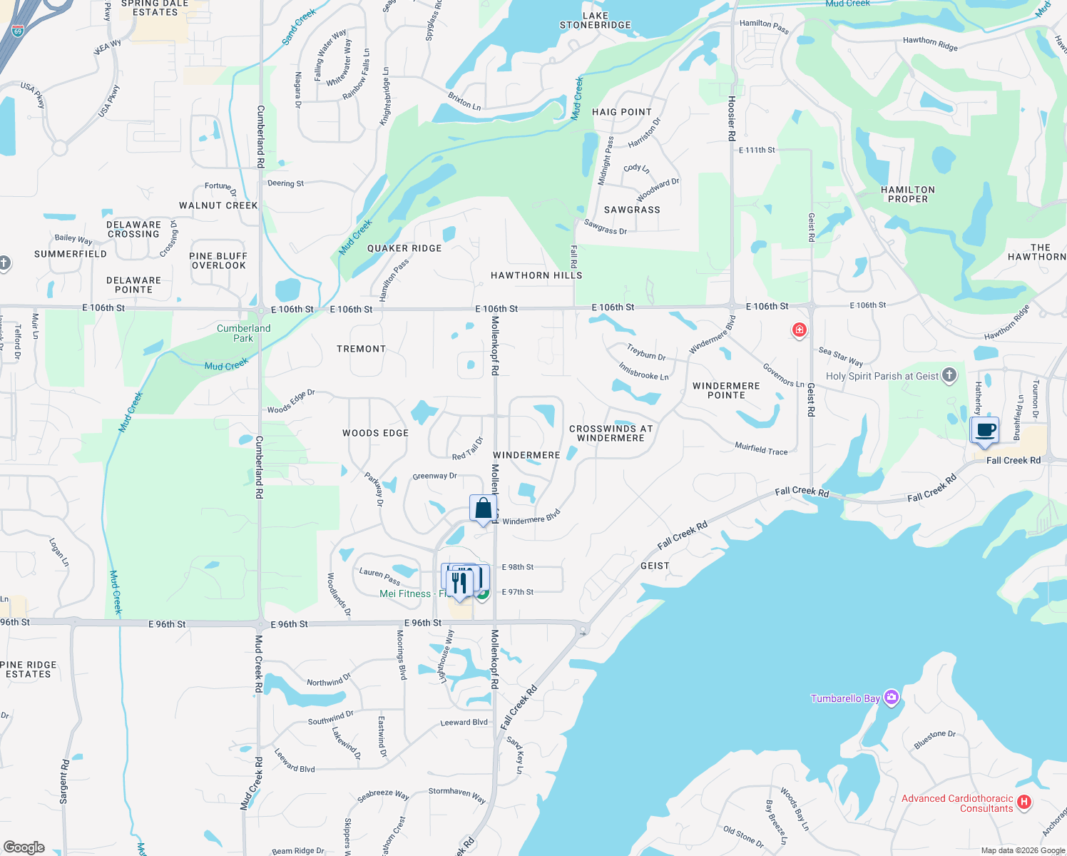 map of restaurants, bars, coffee shops, grocery stores, and more near 10721 Springston Court in Fishers