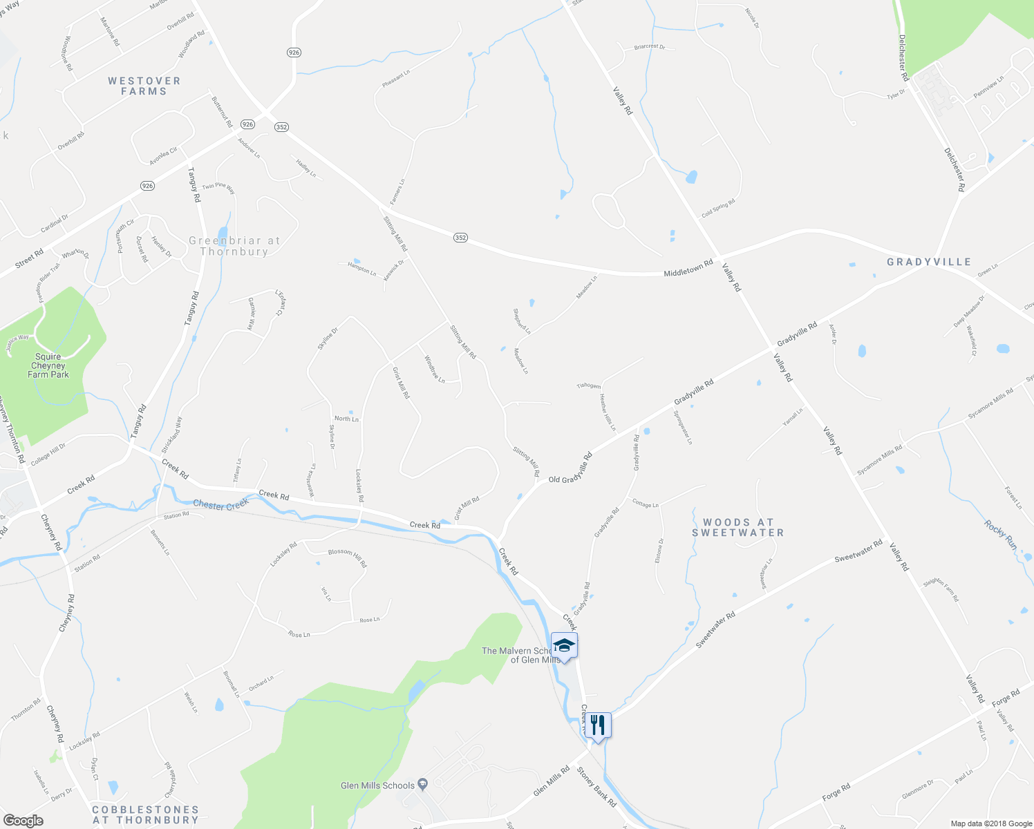 map of restaurants, bars, coffee shops, grocery stores, and more near 1679 Slitting Mill Road in Glen Mills
