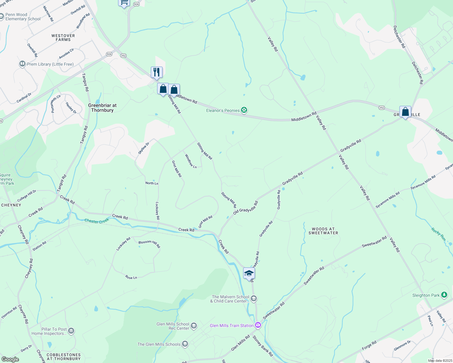 map of restaurants, bars, coffee shops, grocery stores, and more near 1679 Slitting Mill Road in Glen Mills