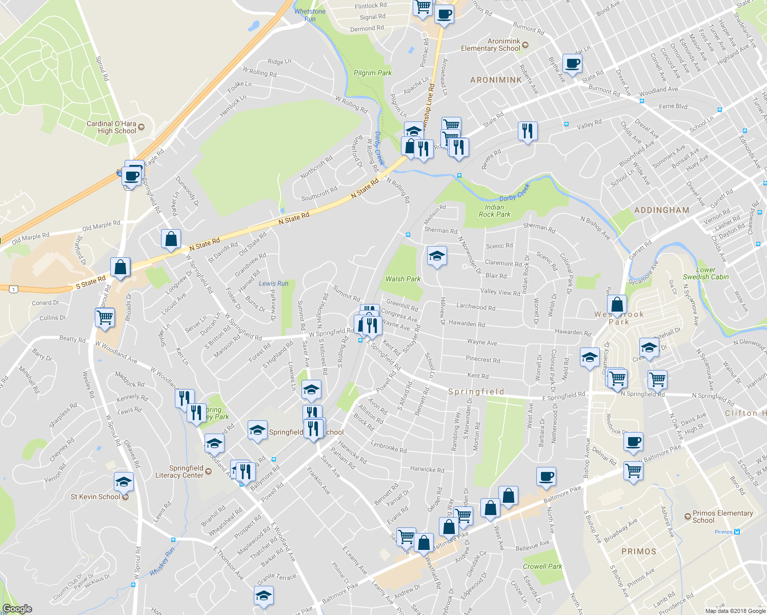map of restaurants, bars, coffee shops, grocery stores, and more near 21 Congress Avenue in Springfield