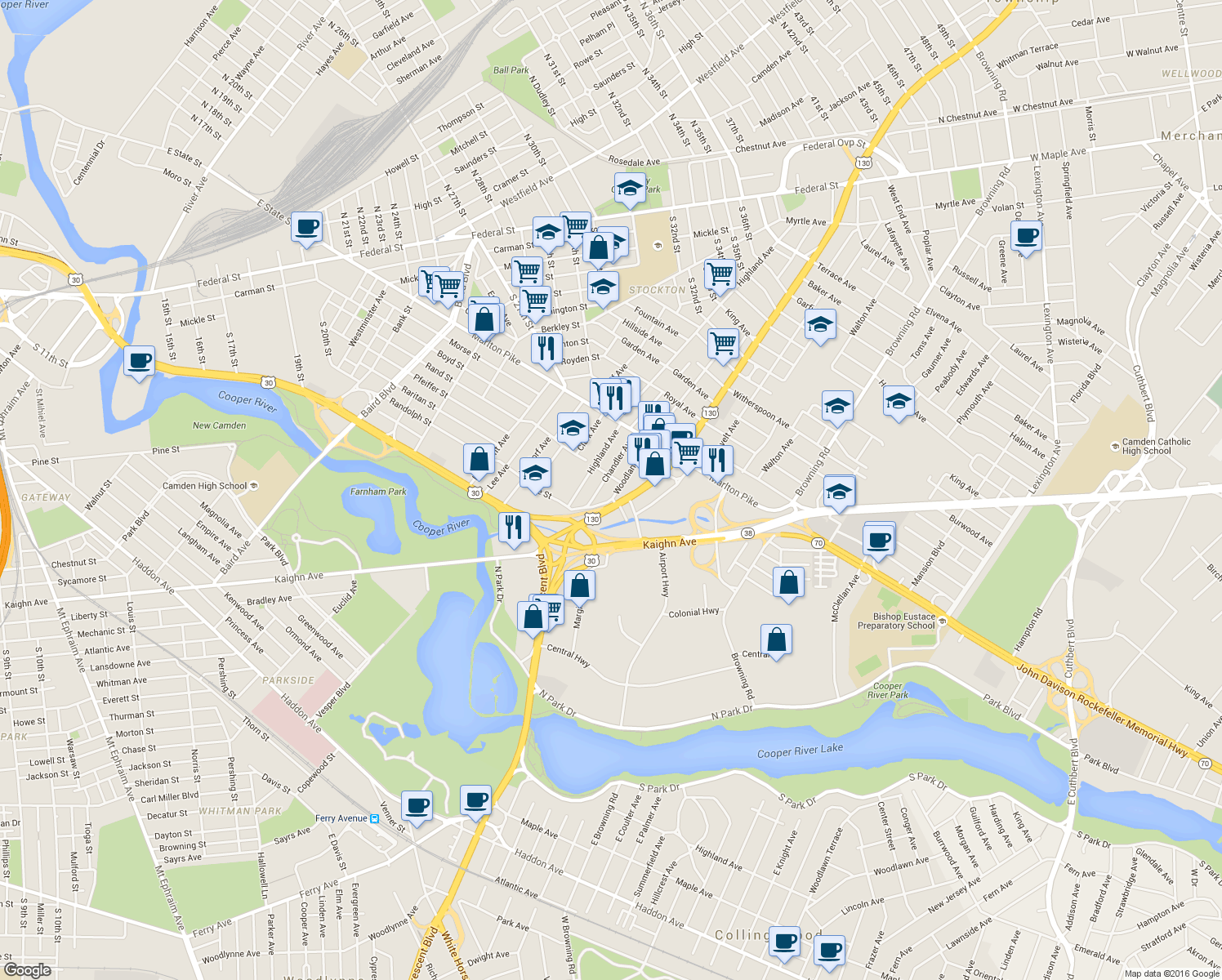 map of restaurants, bars, coffee shops, grocery stores, and more near 7119 Woodland Avenue in Pennsauken Township