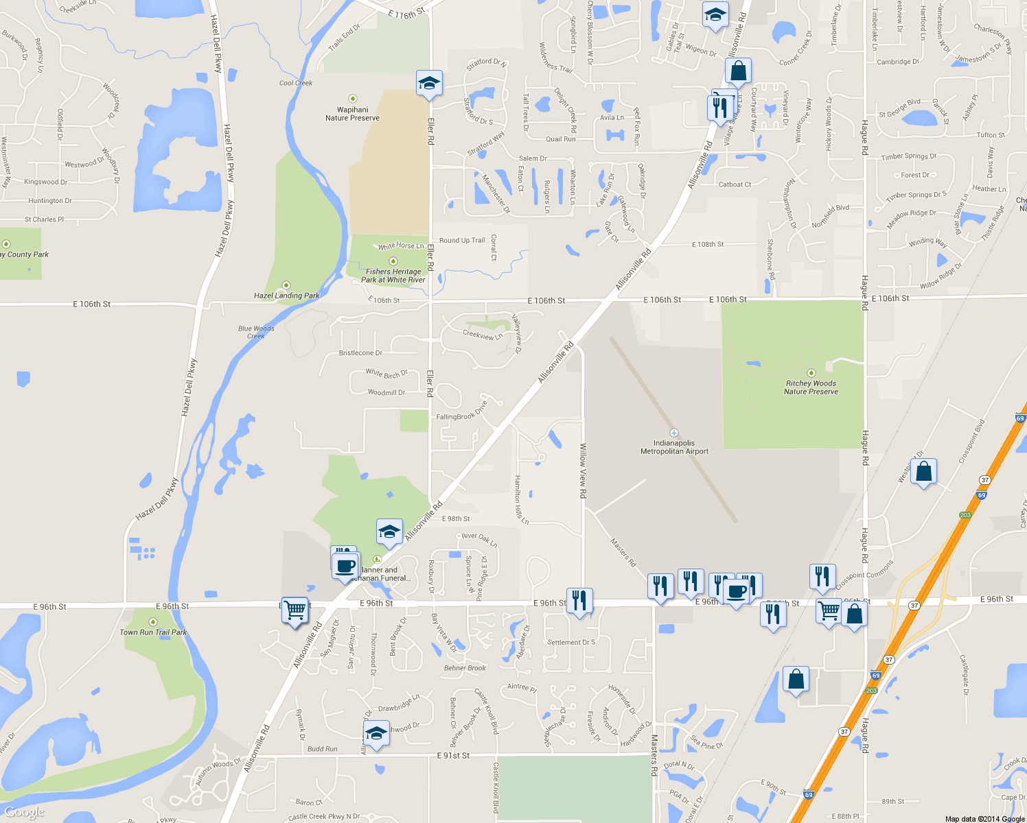 map of restaurants, bars, coffee shops, grocery stores, and more near 10233 Allisonville Road in Fishers