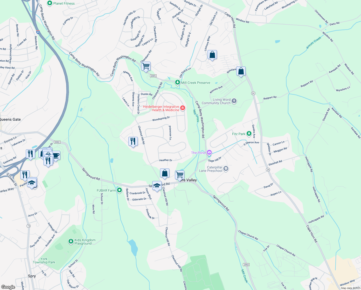 map of restaurants, bars, coffee shops, grocery stores, and more near 2744 Chestnut Run Road in York