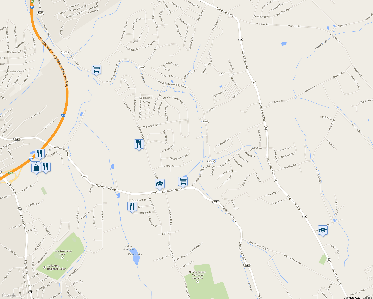 map of restaurants, bars, coffee shops, grocery stores, and more near 2748 Chestnut Run Road in York