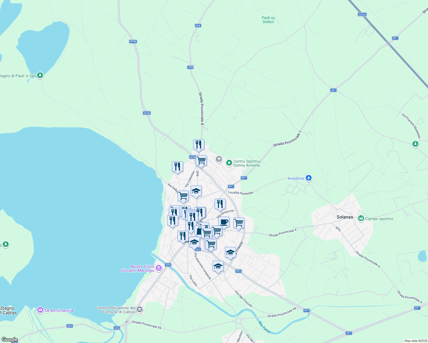 map of restaurants, bars, coffee shops, grocery stores, and more near Via J. F. Kennedy in Cabras