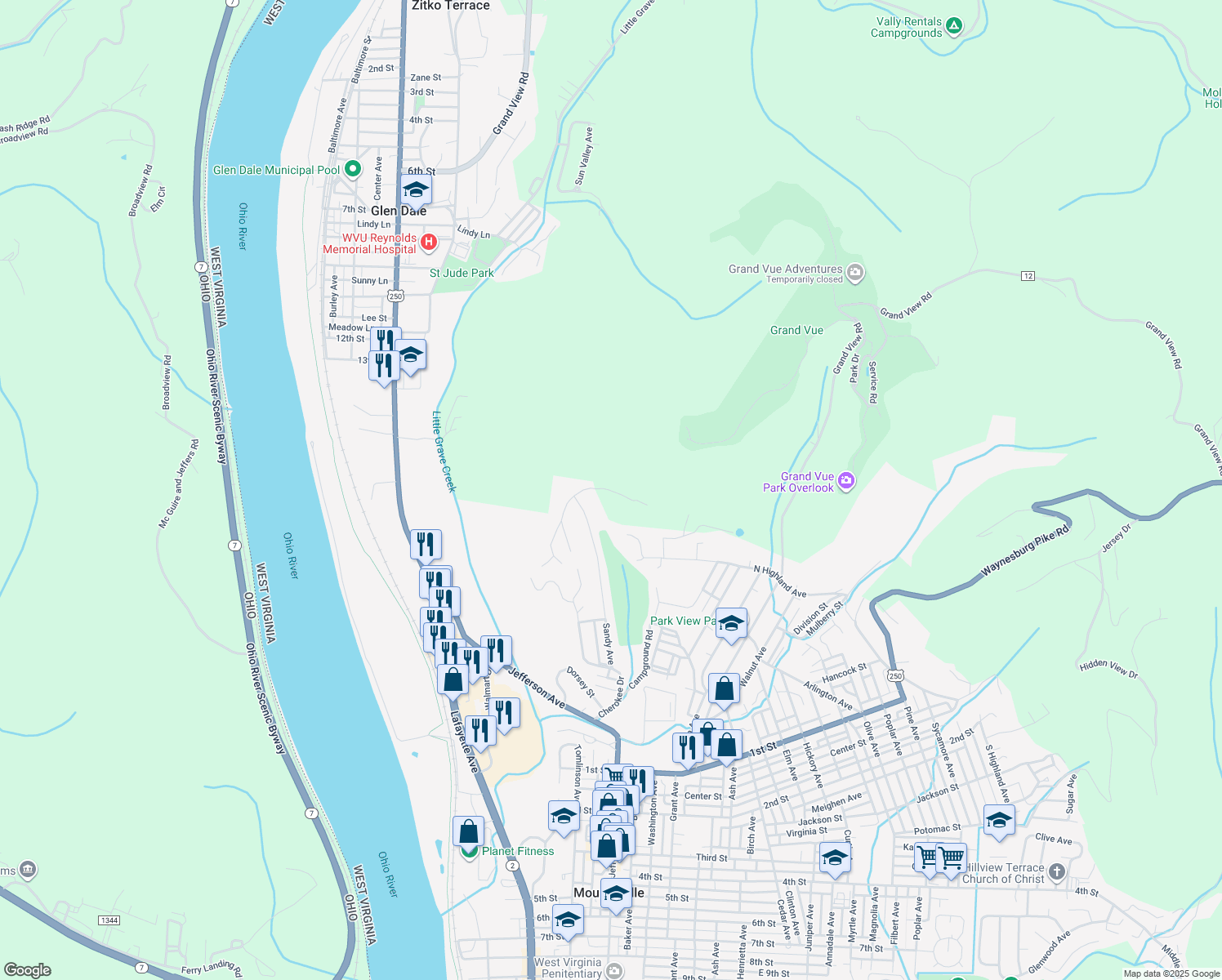 map of restaurants, bars, coffee shops, grocery stores, and more near 9 Arrowhead Dr in Moundsville