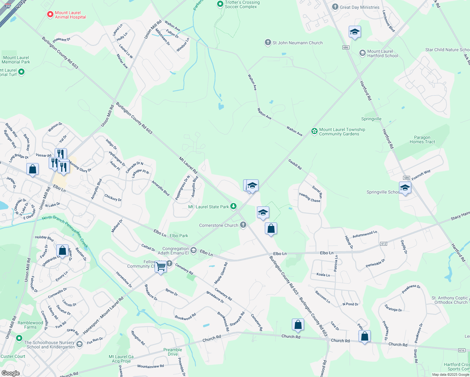 map of restaurants, bars, coffee shops, grocery stores, and more near 16 Forrest Court in Mount Laurel