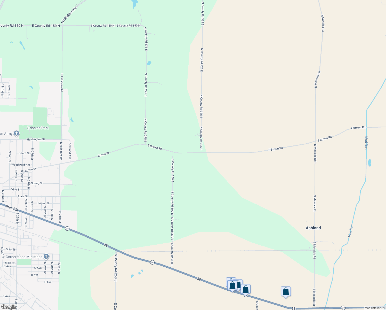 map of restaurants, bars, coffee shops, grocery stores, and more near 3151 East Brown Road in New Castle