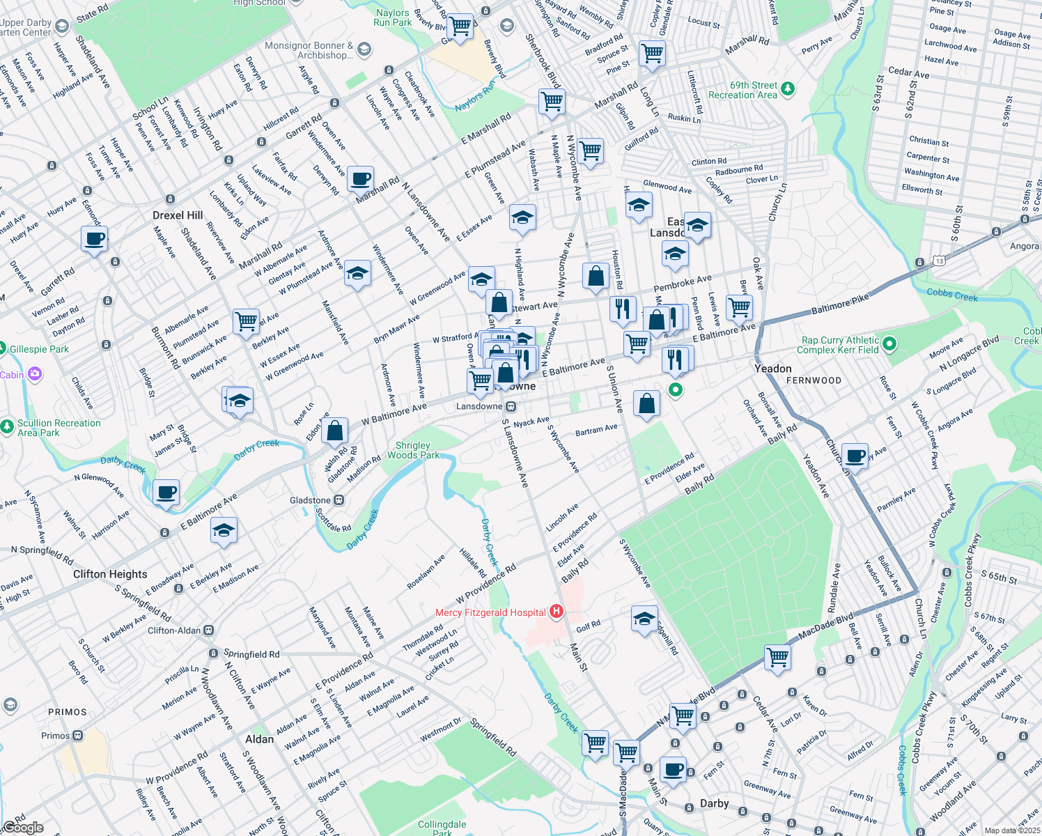 map of restaurants, bars, coffee shops, grocery stores, and more near 15 Nyack Avenue in Lansdowne