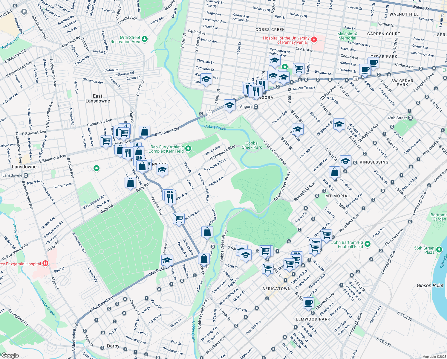 map of restaurants, bars, coffee shops, grocery stores, and more near 1240 Angora Avenue in Yeadon
