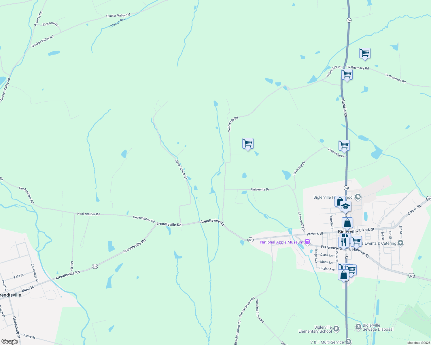 map of restaurants, bars, coffee shops, grocery stores, and more near 781 Yellow Hill Road in Biglerville