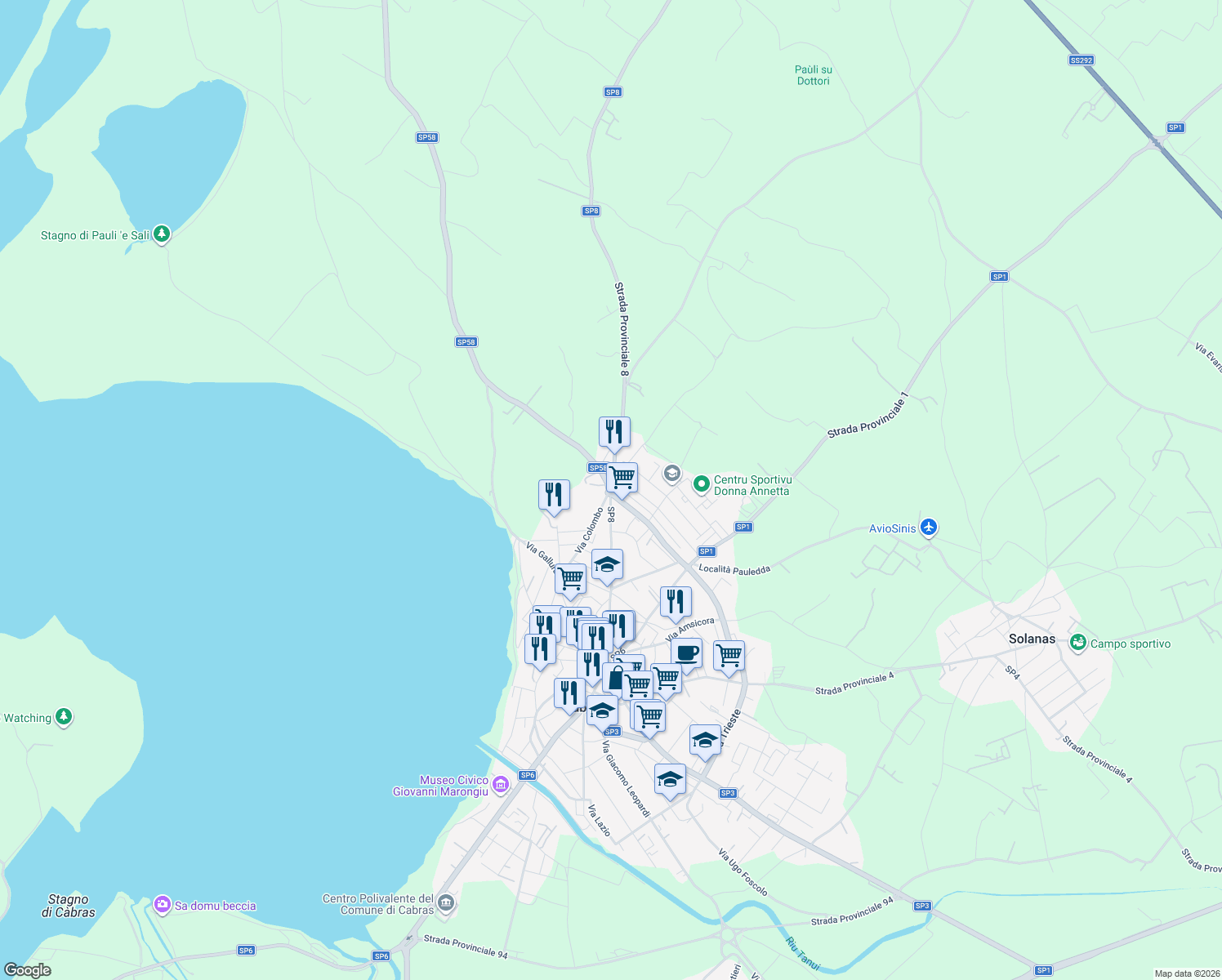 map of restaurants, bars, coffee shops, grocery stores, and more near Via J. F. Kennedy in Cabras