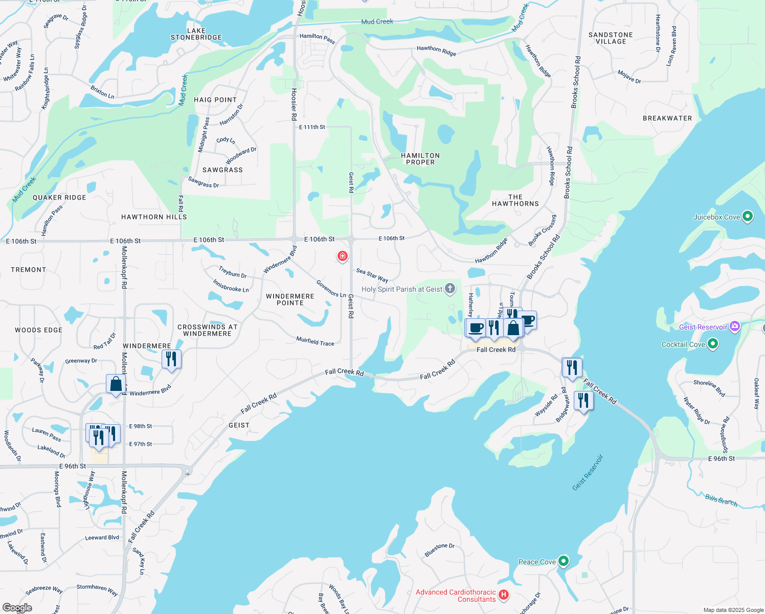 map of restaurants, bars, coffee shops, grocery stores, and more near 11717 Gulfstream Drive in Fishers