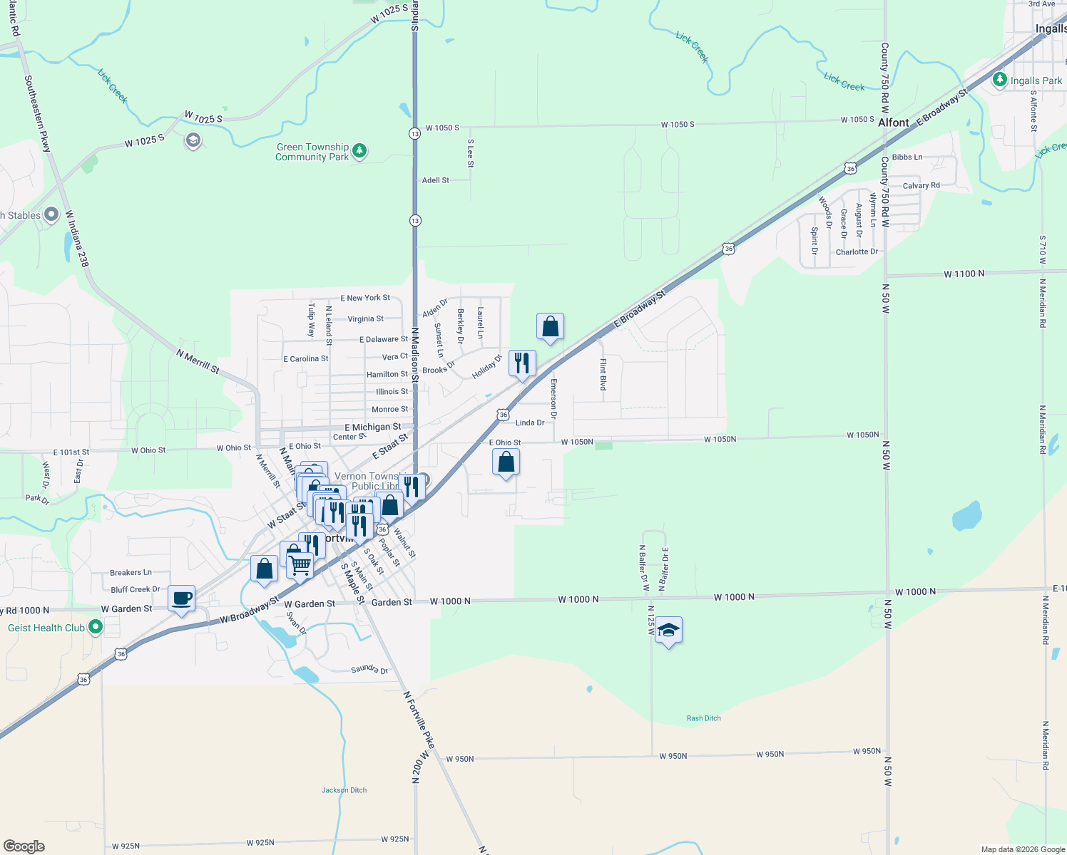map of restaurants, bars, coffee shops, grocery stores, and more near 916 Linda Dr in Fortville