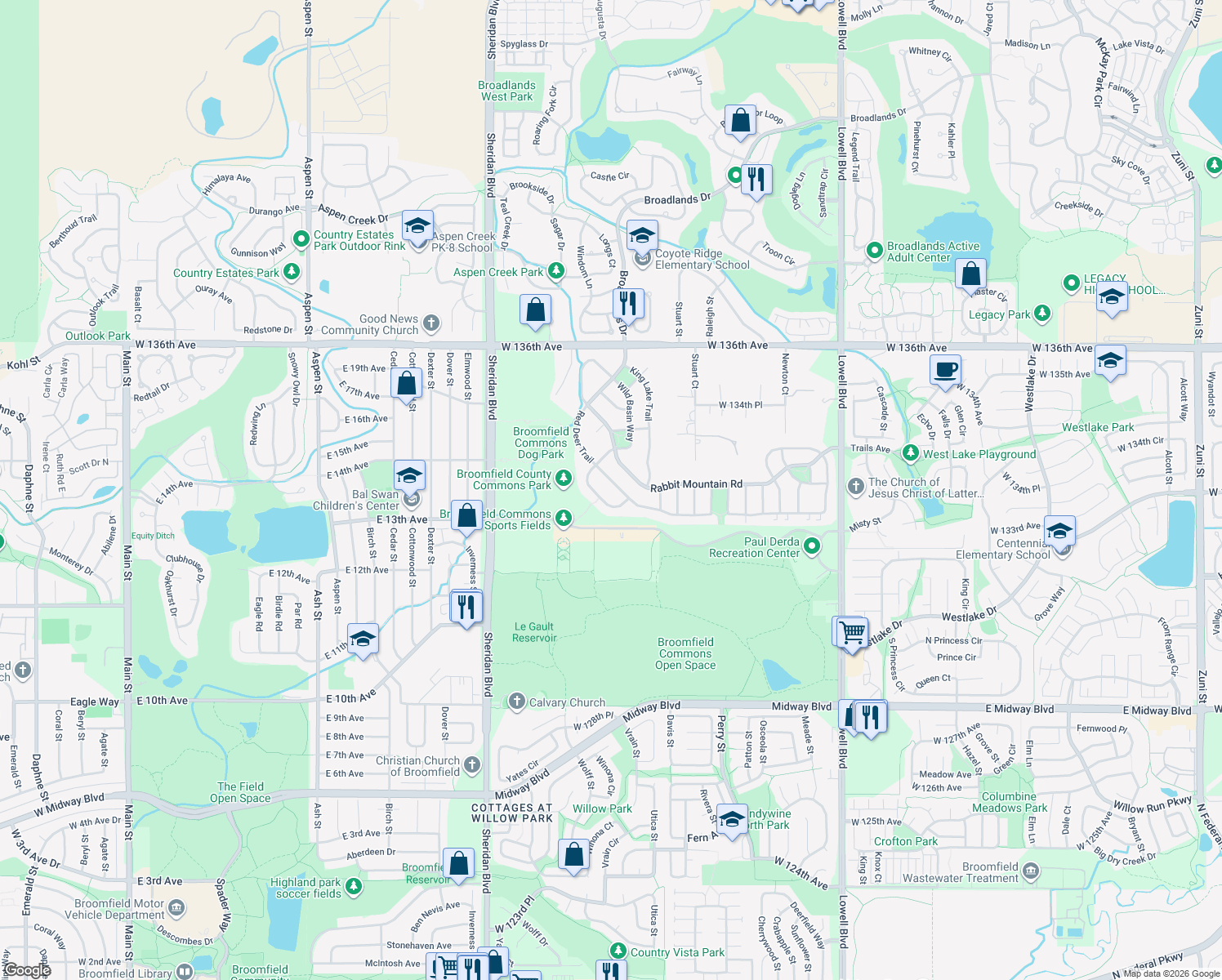 map of restaurants, bars, coffee shops, grocery stores, and more near 4550 Red Deer Trail in Broomfield