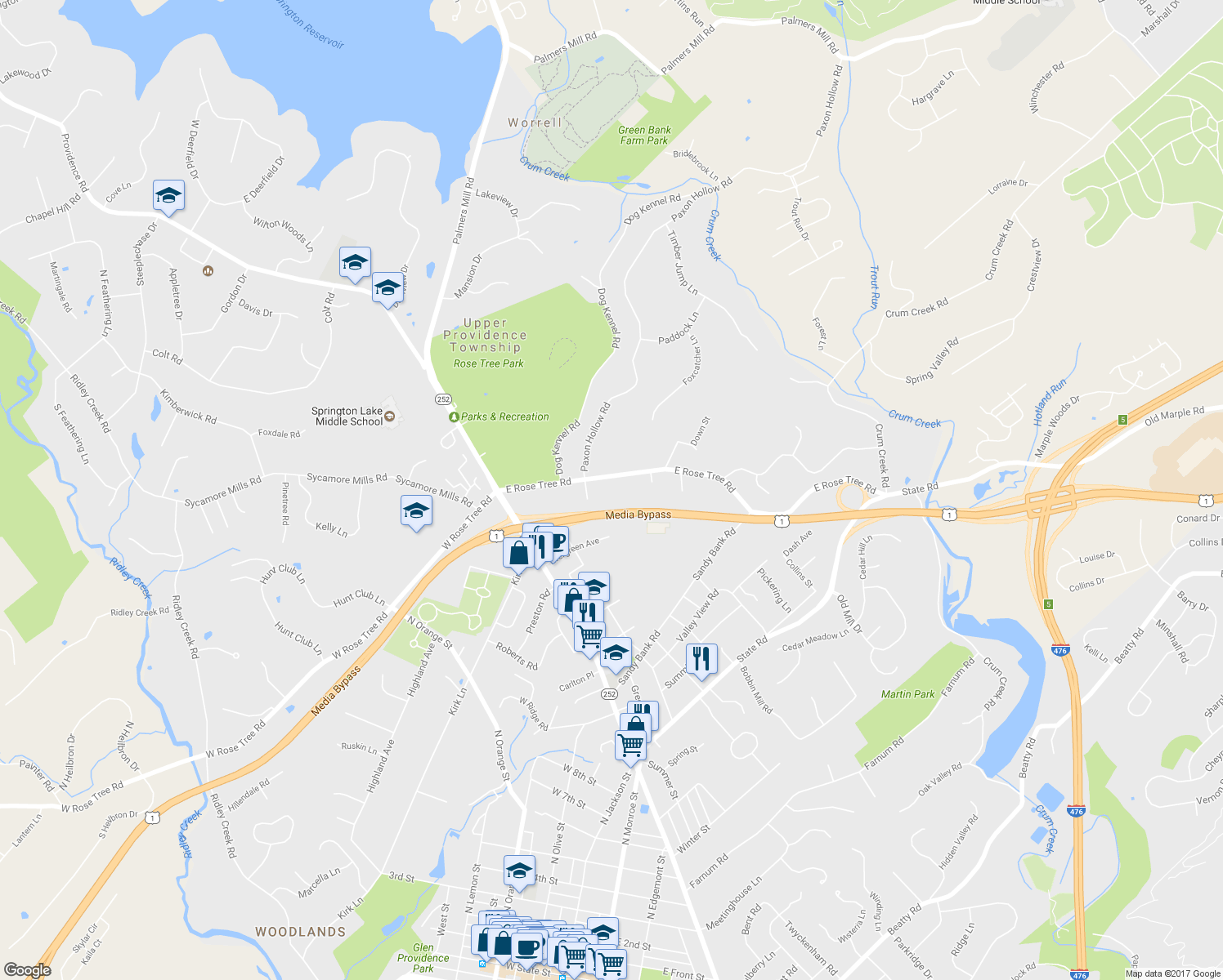 map of restaurants, bars, coffee shops, grocery stores, and more near 230 East Rose Tree Road in Media