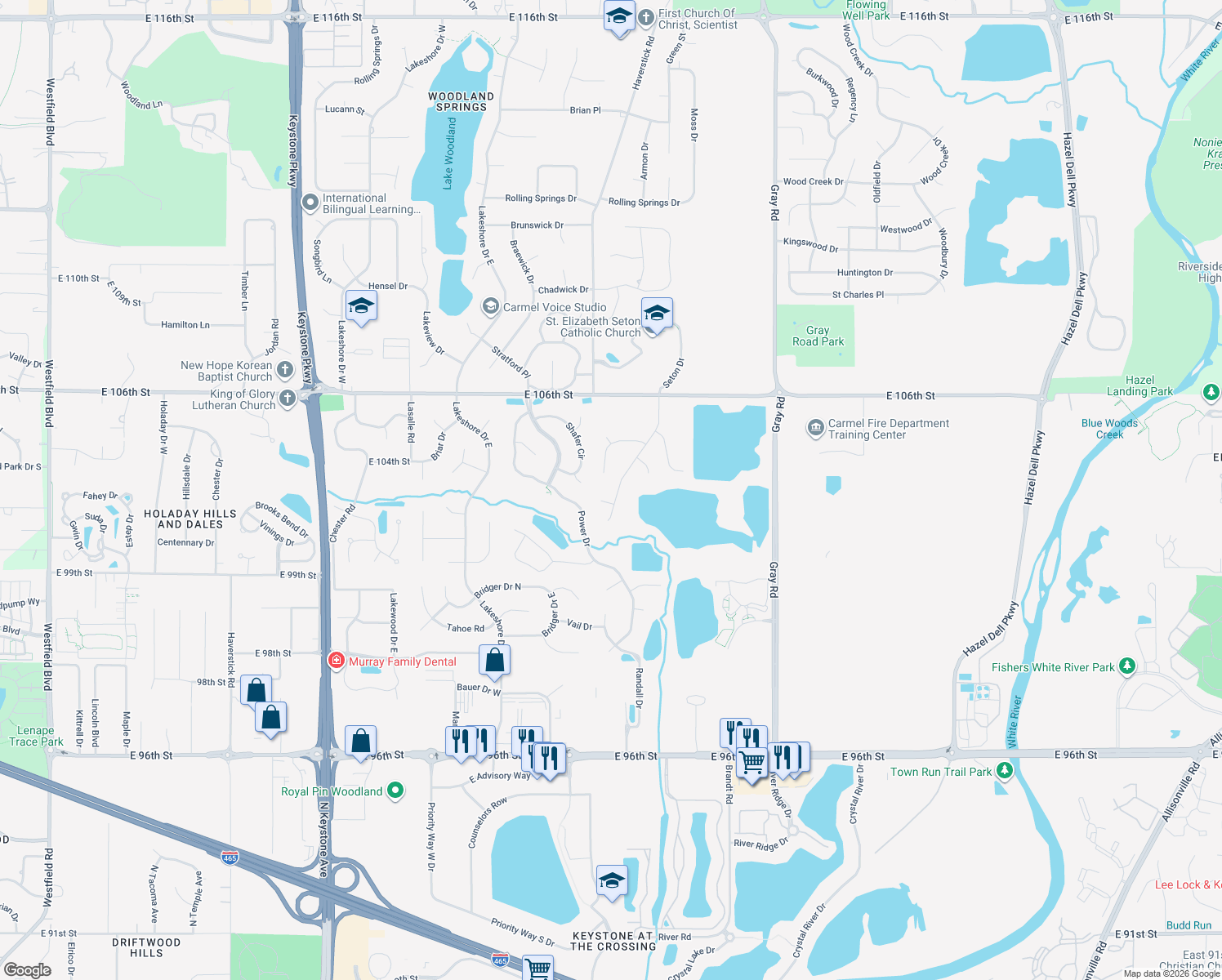 map of restaurants, bars, coffee shops, grocery stores, and more near 10458 Breckenridge Drive in Carmel