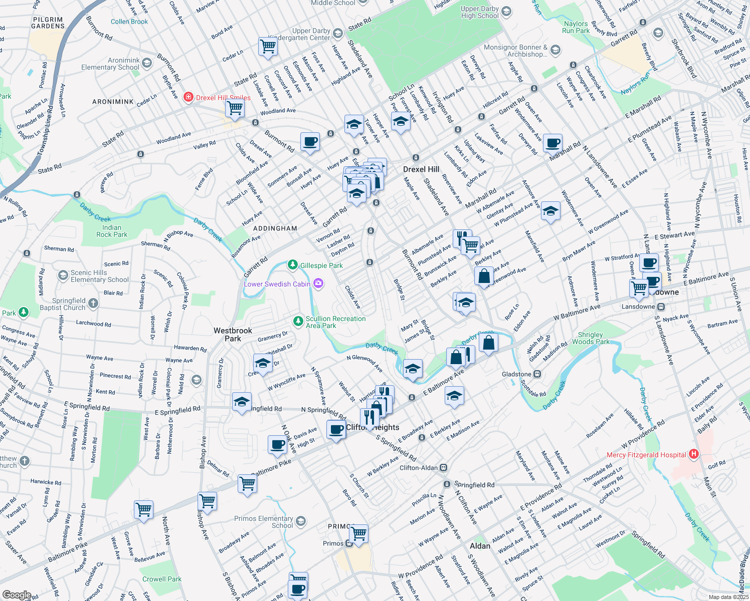 map of restaurants, bars, coffee shops, grocery stores, and more near 249 Cheswold Rd in Drexel Hill