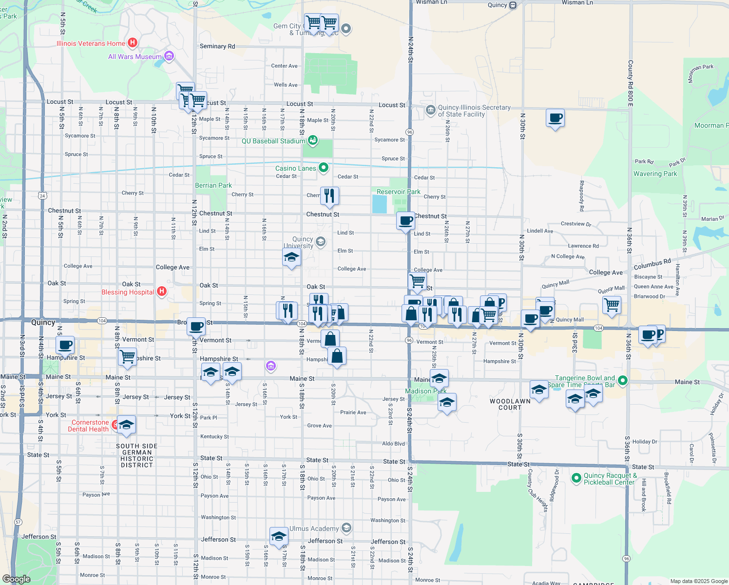 map of restaurants, bars, coffee shops, grocery stores, and more near 2076 Oak St in Quincy