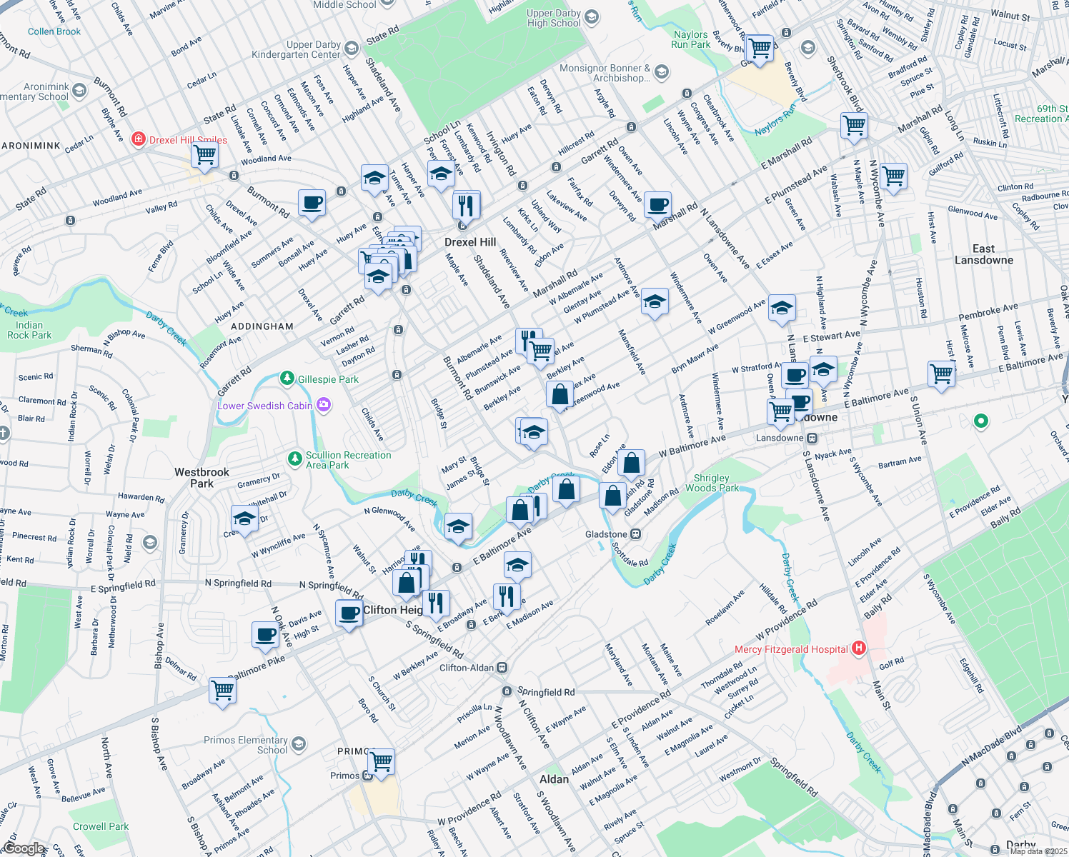 map of restaurants, bars, coffee shops, grocery stores, and more near 140 Abbey Terrace in Drexel Hill