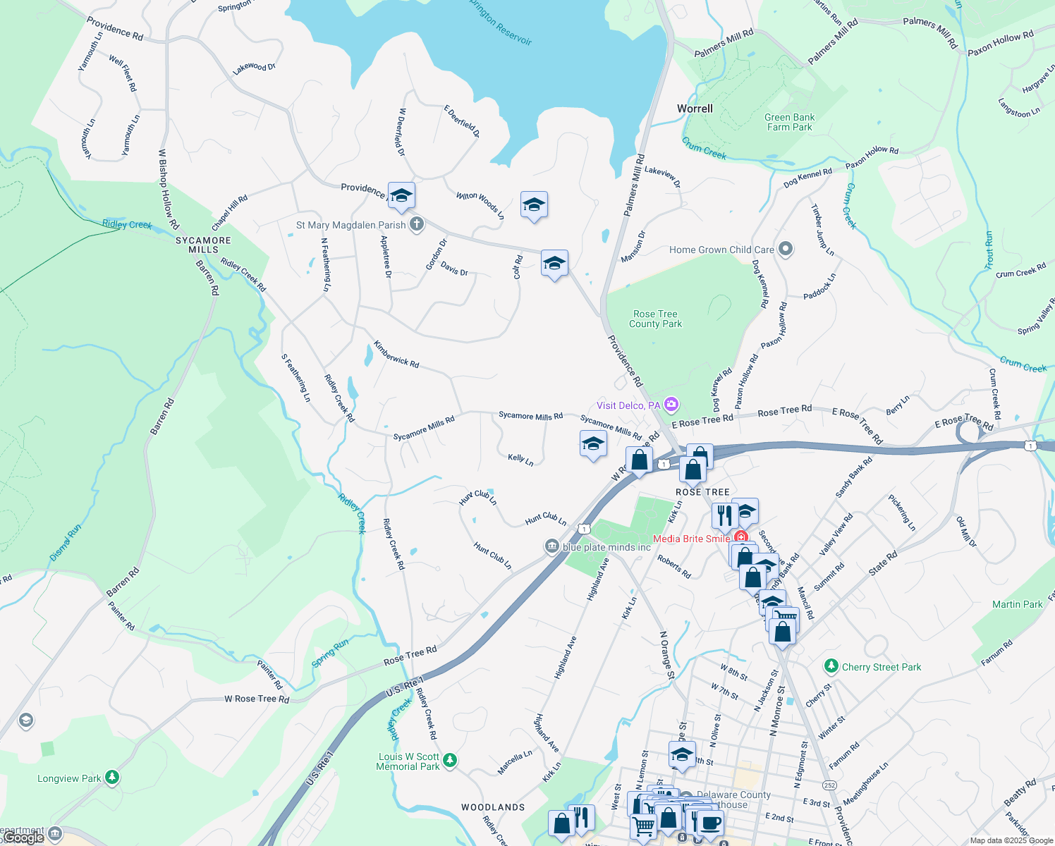 map of restaurants, bars, coffee shops, grocery stores, and more near 240 Sycamore Mills Road in Media