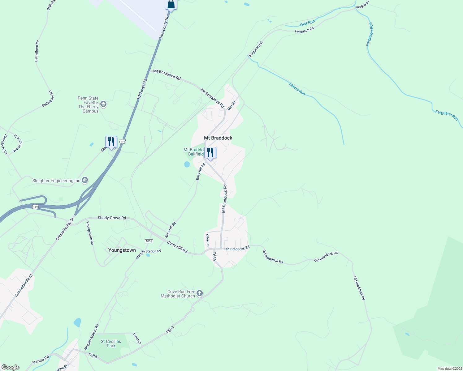 map of restaurants, bars, coffee shops, grocery stores, and more near 196 Mount Braddock Road in Lemont Furnace