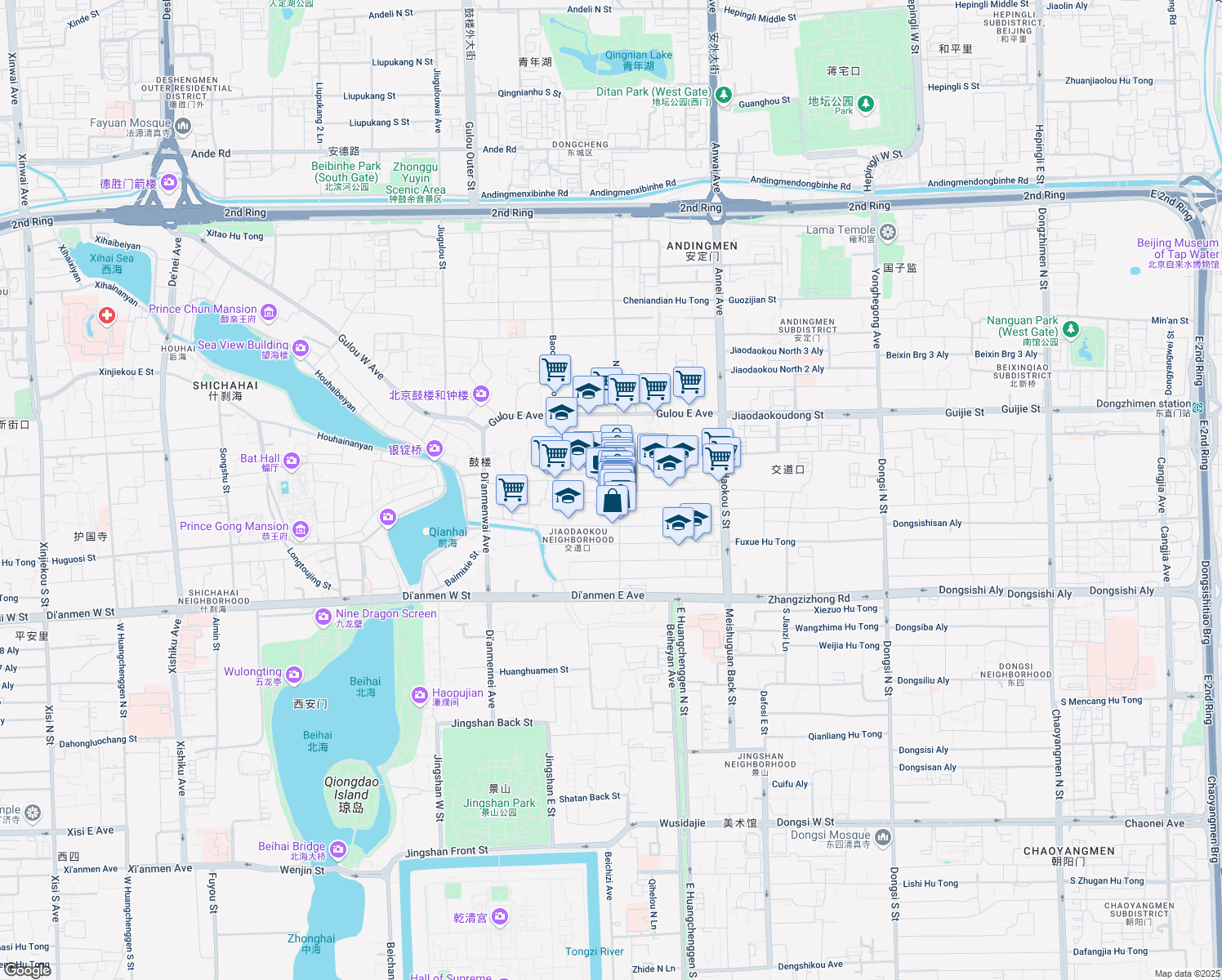 map of restaurants, bars, coffee shops, grocery stores, and more near Qianyuan'ensi Hutong in Beijing