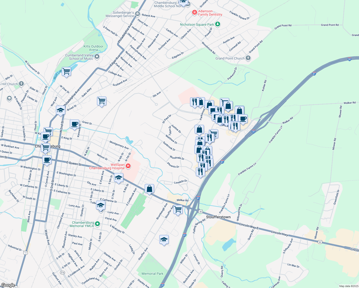 map of restaurants, bars, coffee shops, grocery stores, and more near 262 Matthew Drive in Chambersburg