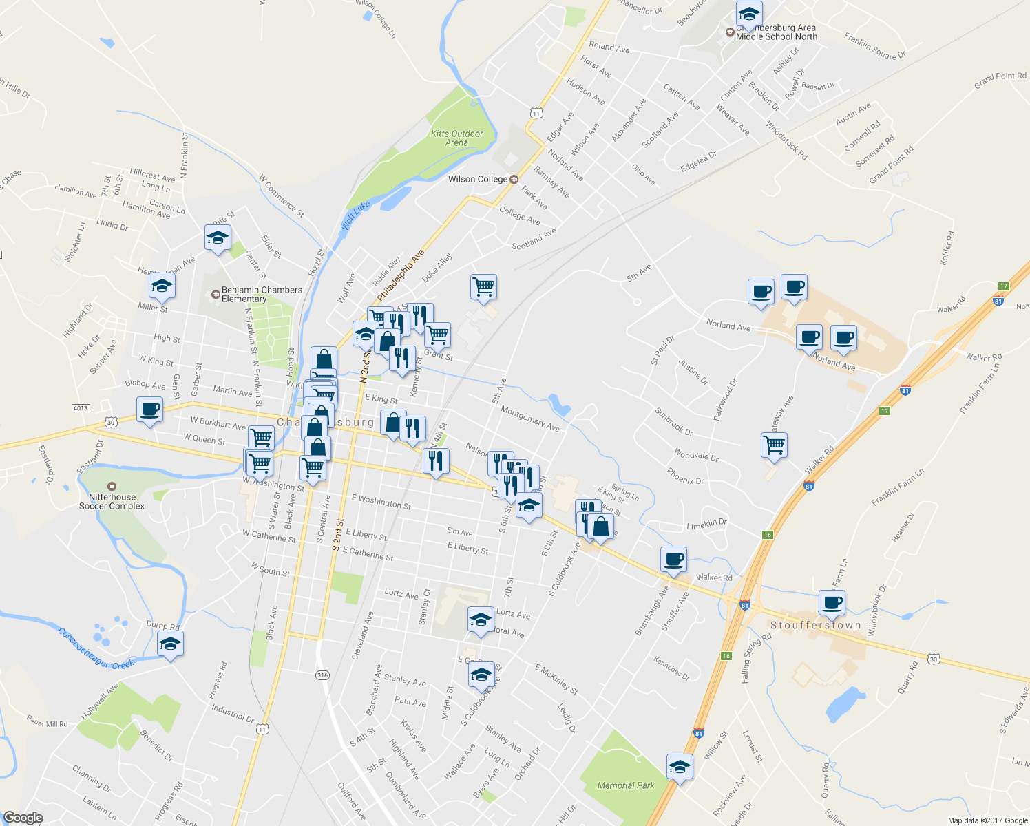 map of restaurants, bars, coffee shops, grocery stores, and more near 541 Montgomery Avenue in Chambersburg
