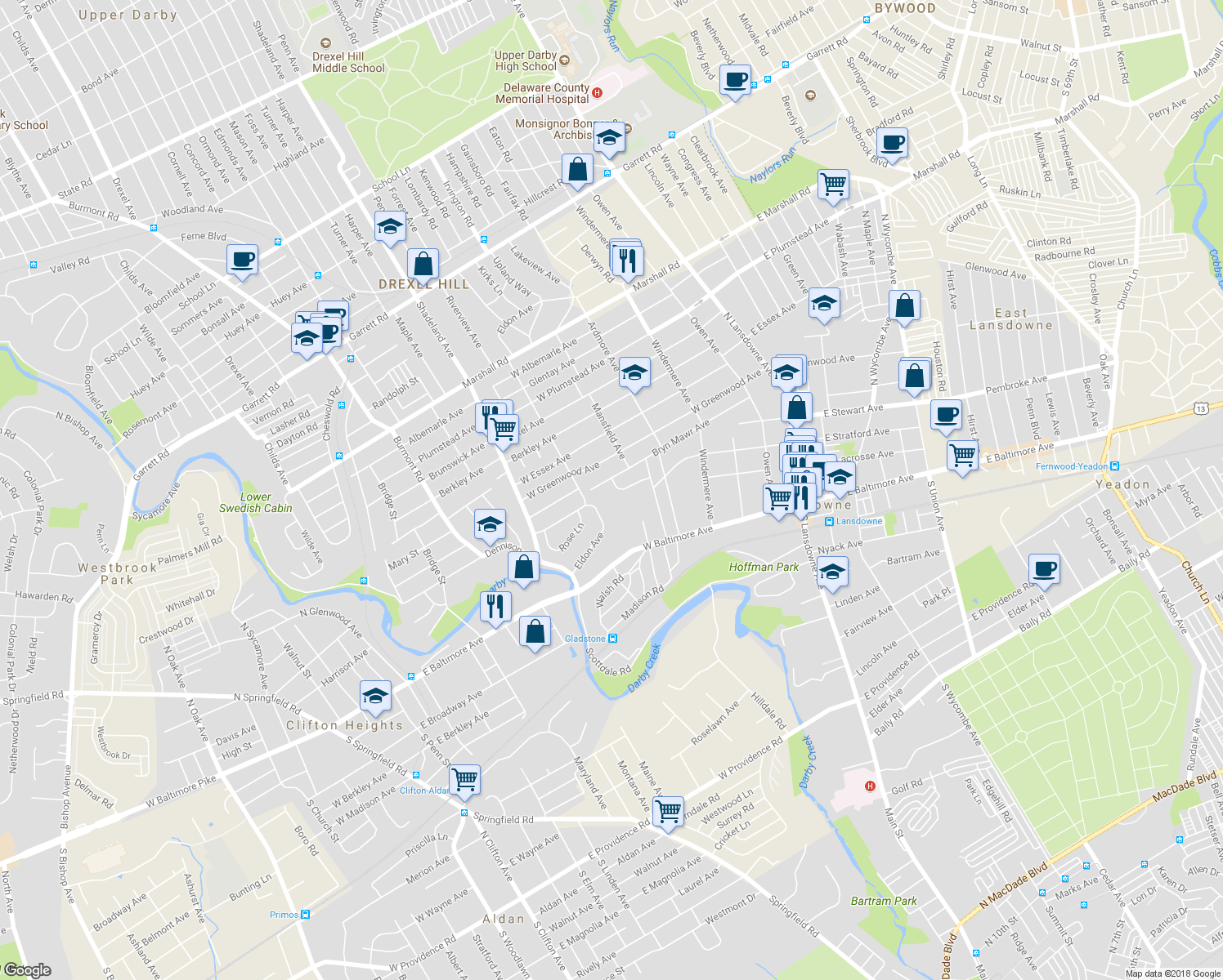 map of restaurants, bars, coffee shops, grocery stores, and more near 190 Marlyn Road in Lansdowne