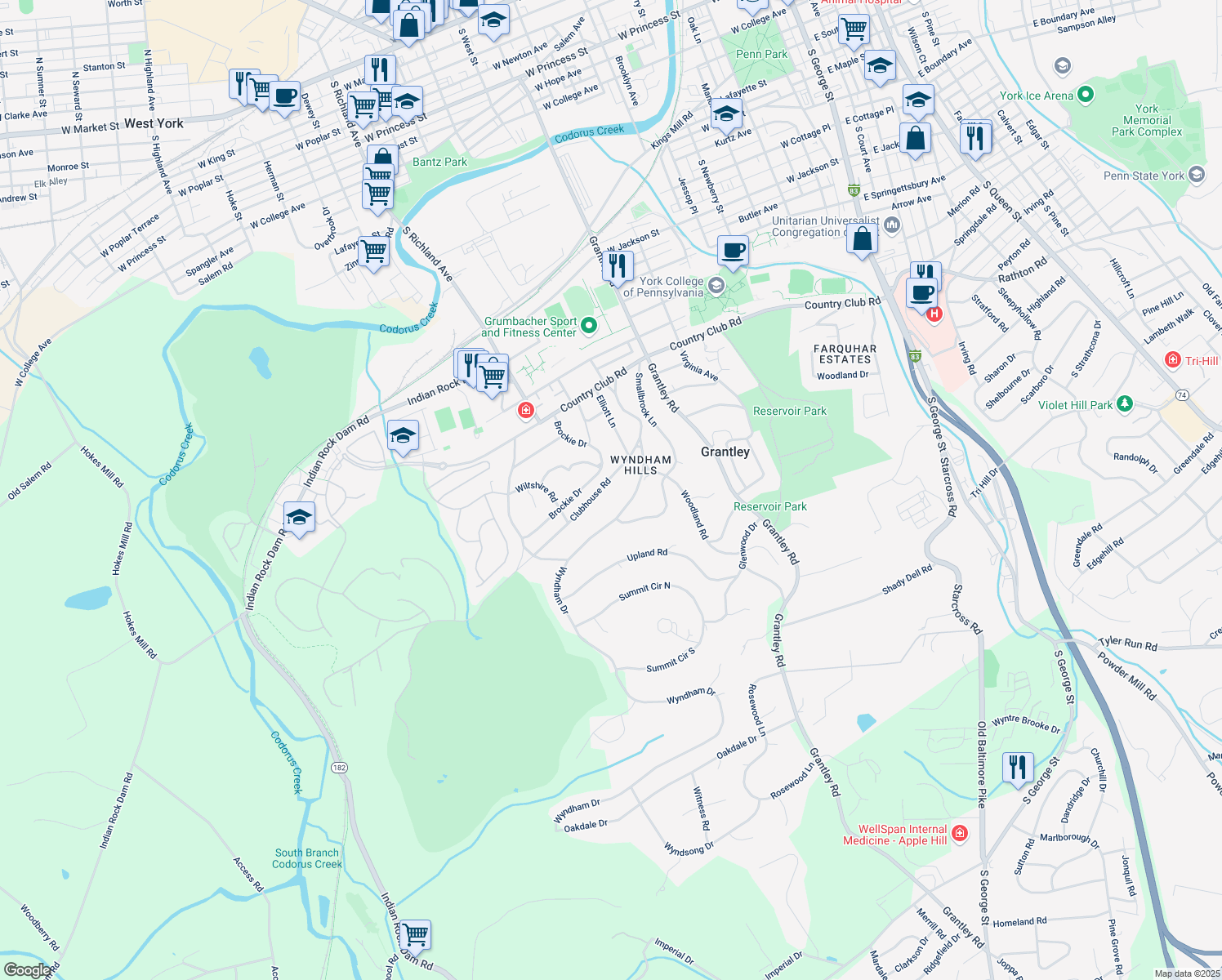 map of restaurants, bars, coffee shops, grocery stores, and more near 850 Clubhouse Road in York