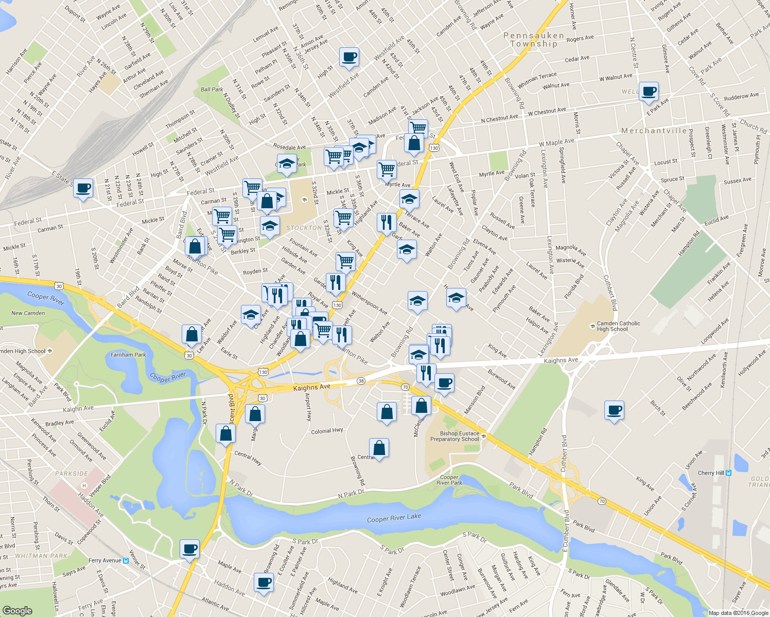 map of restaurants, bars, coffee shops, grocery stores, and more near 4309 Witherspoon Ave in Pennsauken Township