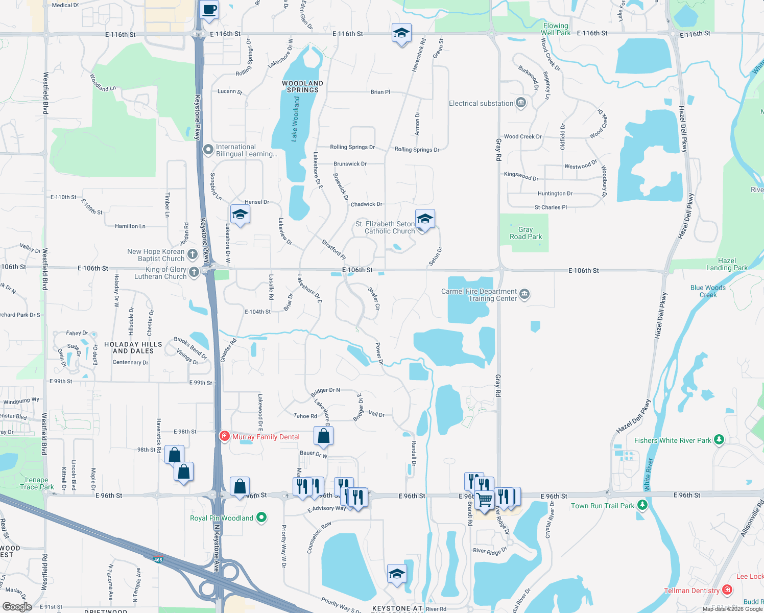 map of restaurants, bars, coffee shops, grocery stores, and more near 10514 Shafer Circle in Carmel