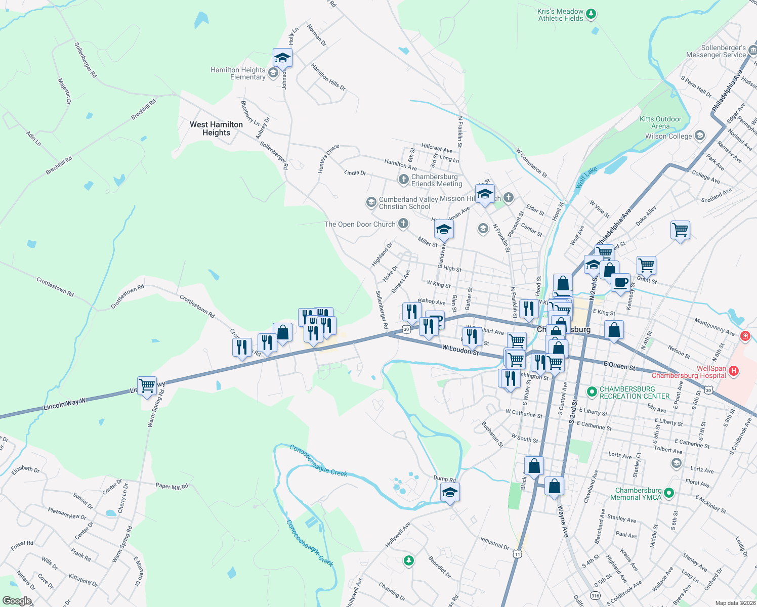 map of restaurants, bars, coffee shops, grocery stores, and more near 117 Sollenberger Road in Chambersburg