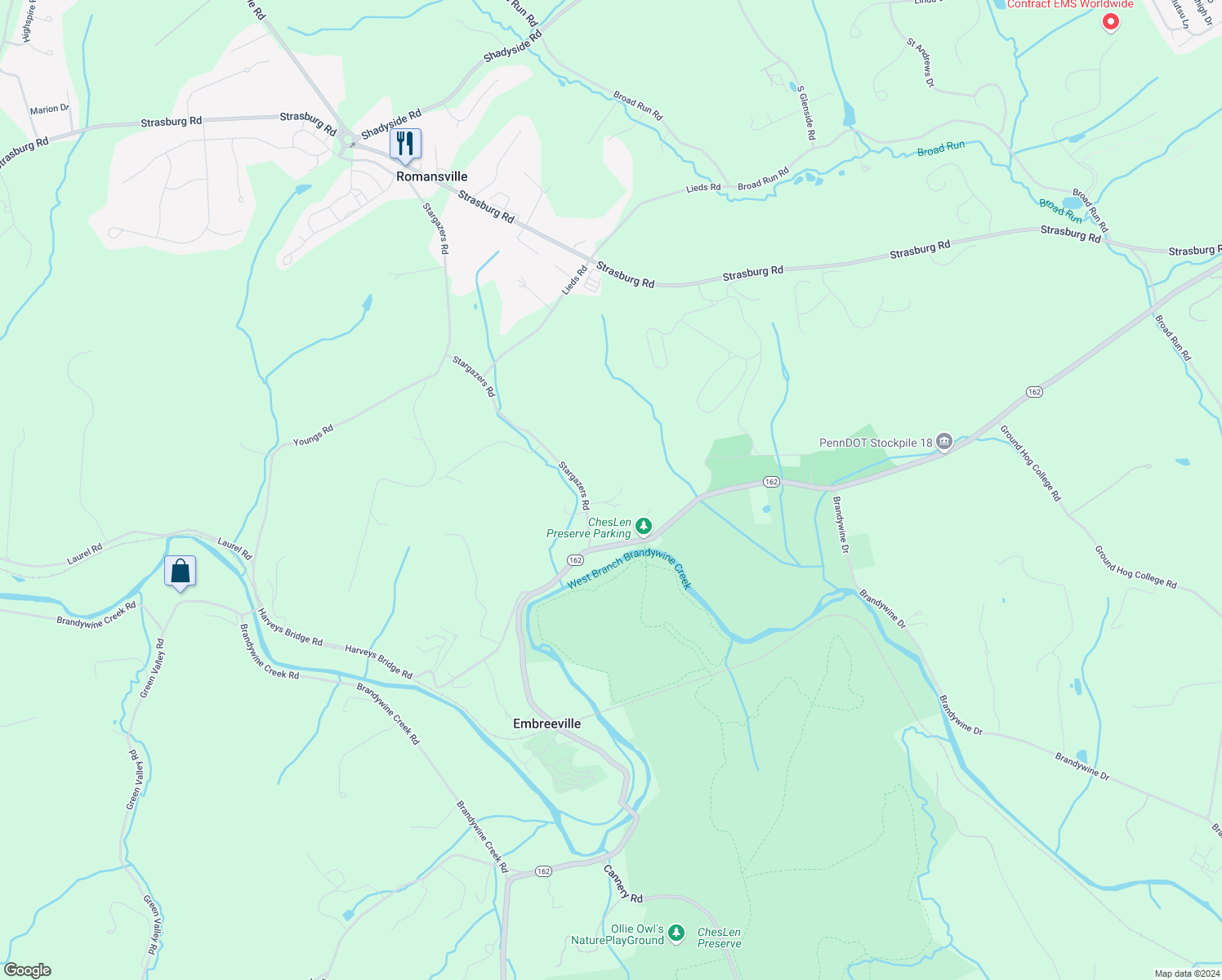 map of restaurants, bars, coffee shops, grocery stores, and more near 907 Stargazers Road in Coatesville