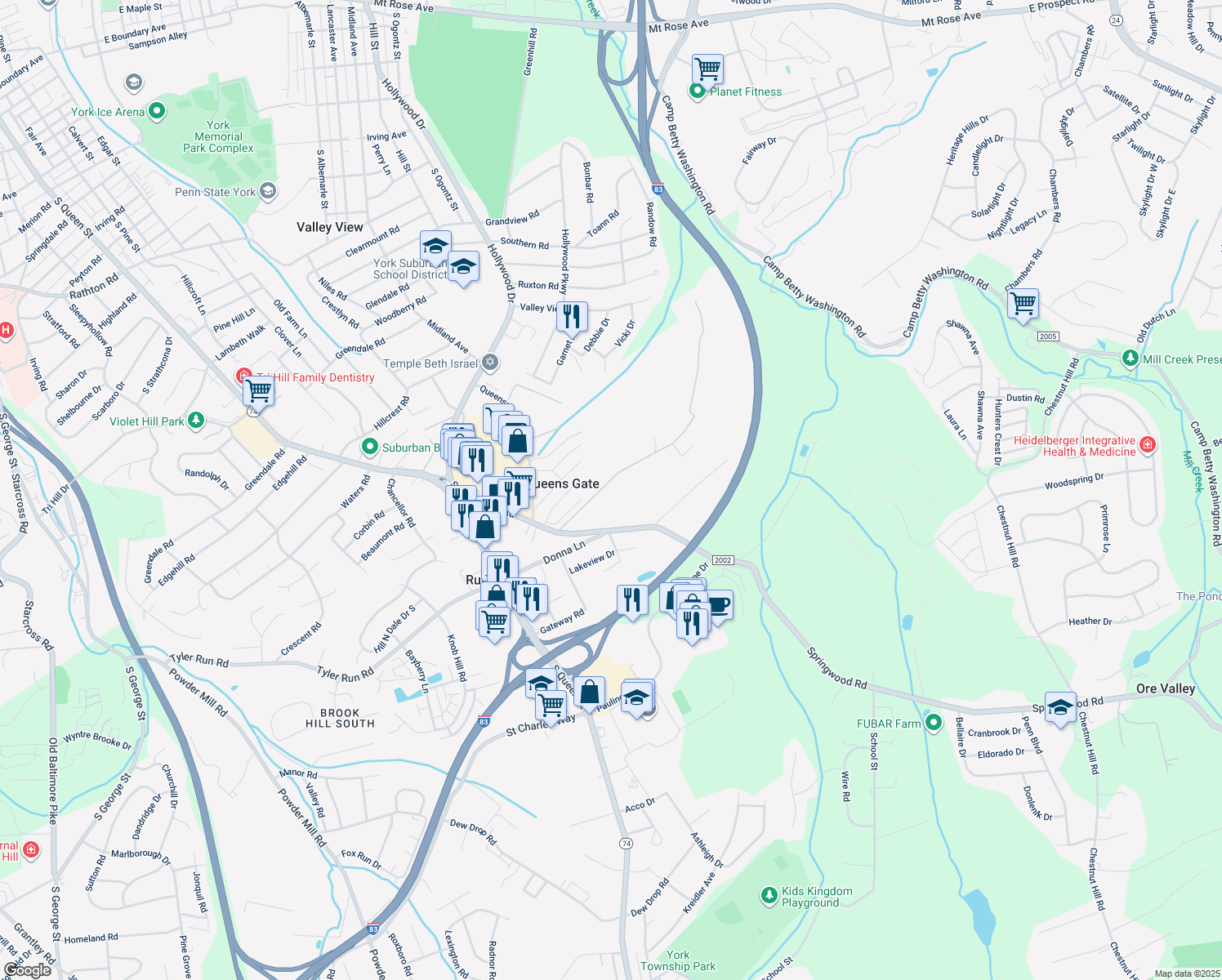 map of restaurants, bars, coffee shops, grocery stores, and more near 560 Owen Road in York