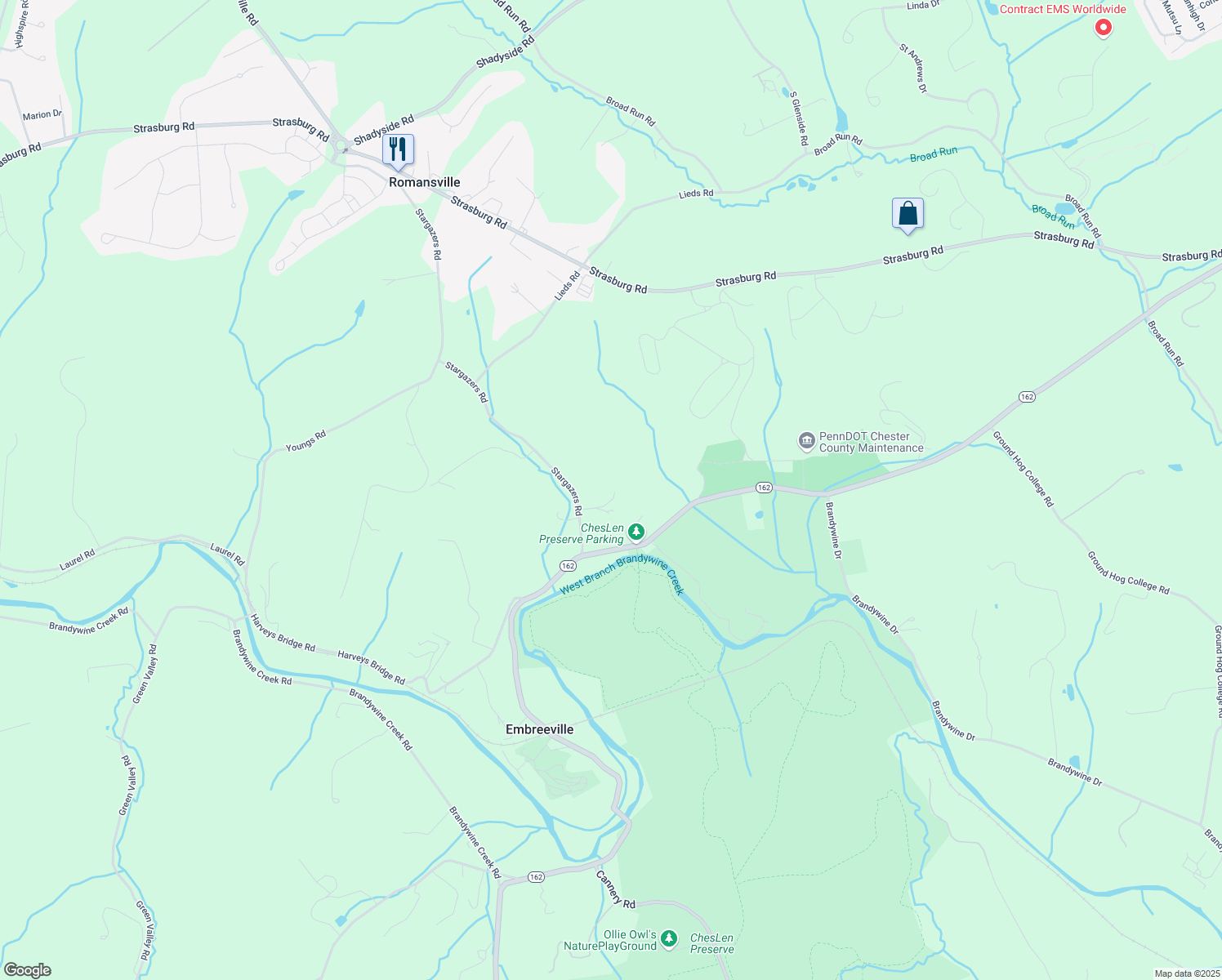 map of restaurants, bars, coffee shops, grocery stores, and more near 907 Stargazers Road in Coatesville
